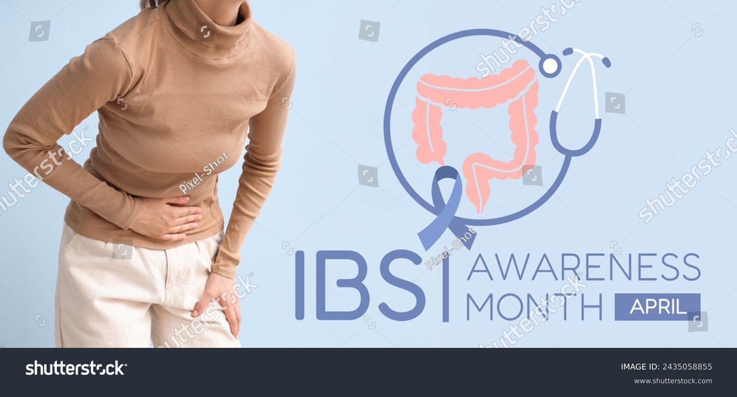 Awareness banner for Irritable Bowel Syndrome Month with ill woman #2435058855