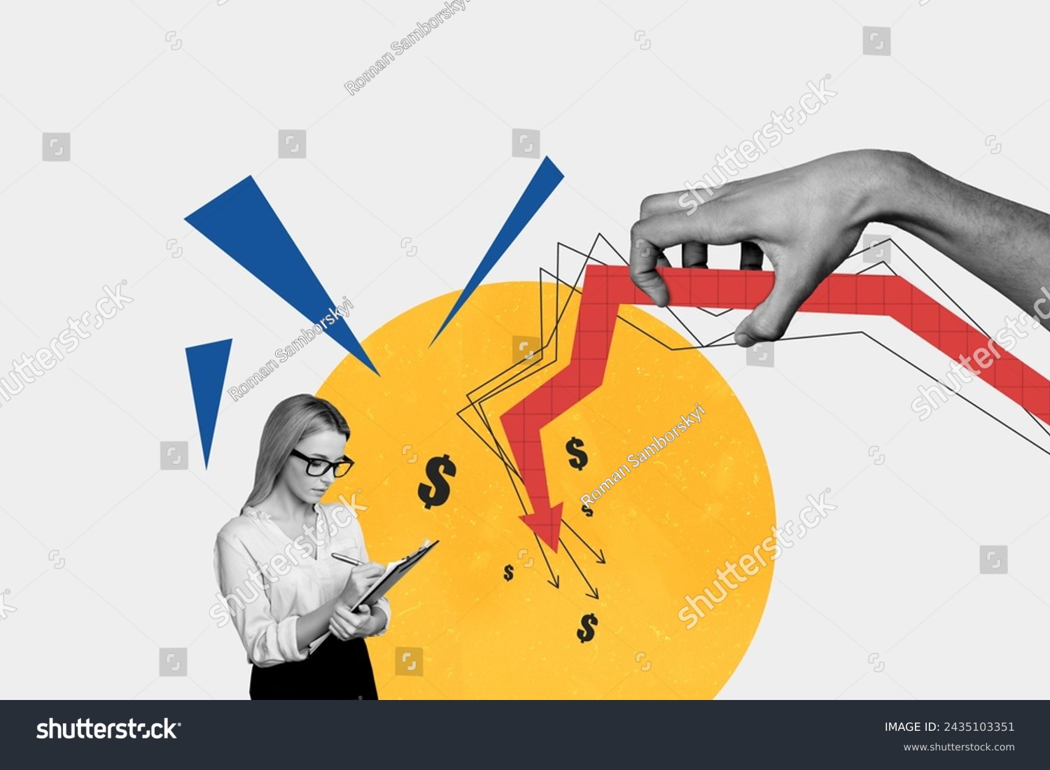 Composite photo collage of young inexperienced businesswoman write data dollar rate arrow down loss hand isolated on painted background #2435103351