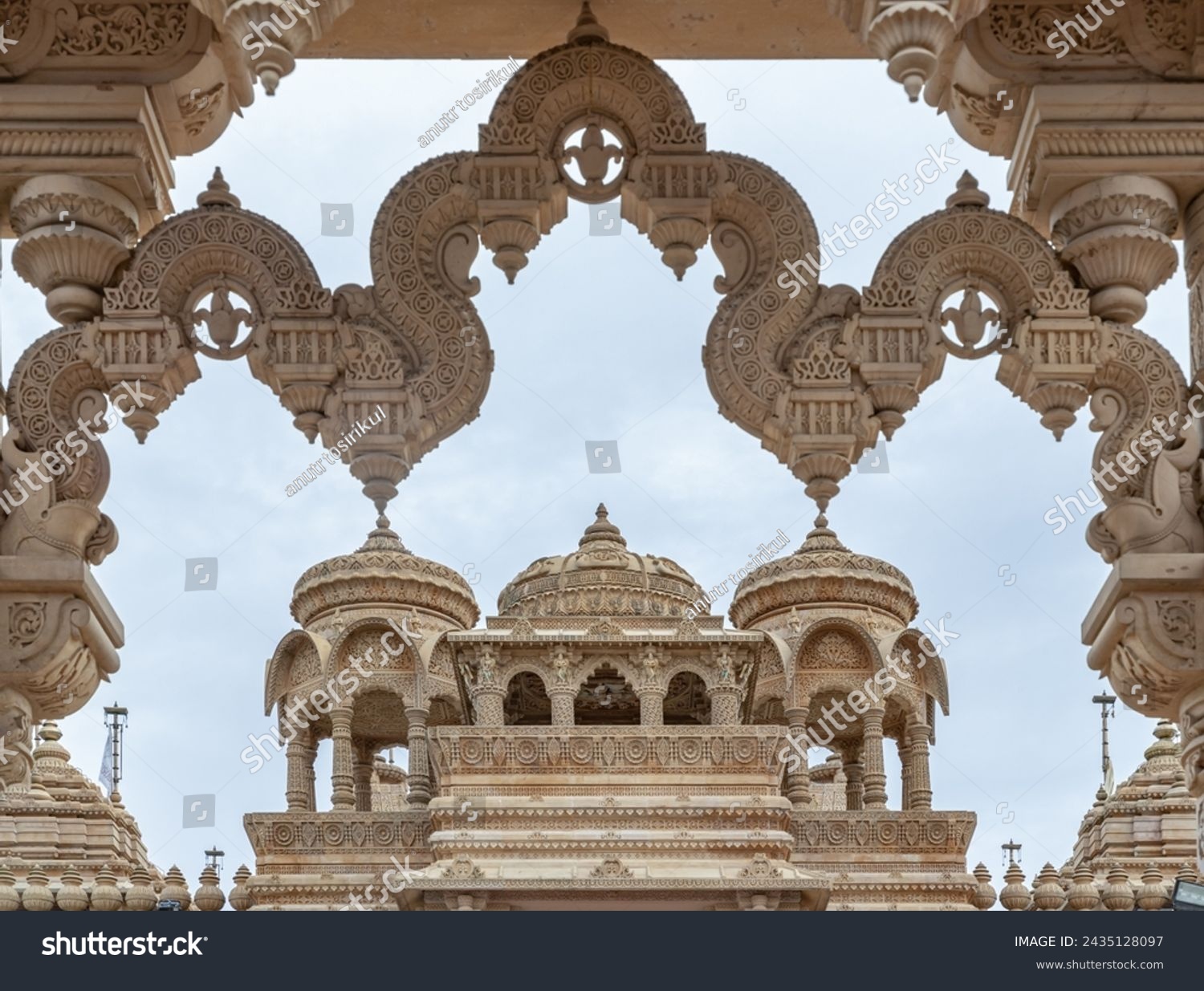 Entrance archway of The Shree Sanatan Hindu Mandir Hindu Temple (The Shri Sanatan Hindu Temple). Gates of Neasden Temple build from Elaborately carved Jaisalmer limestone,  #2435128097