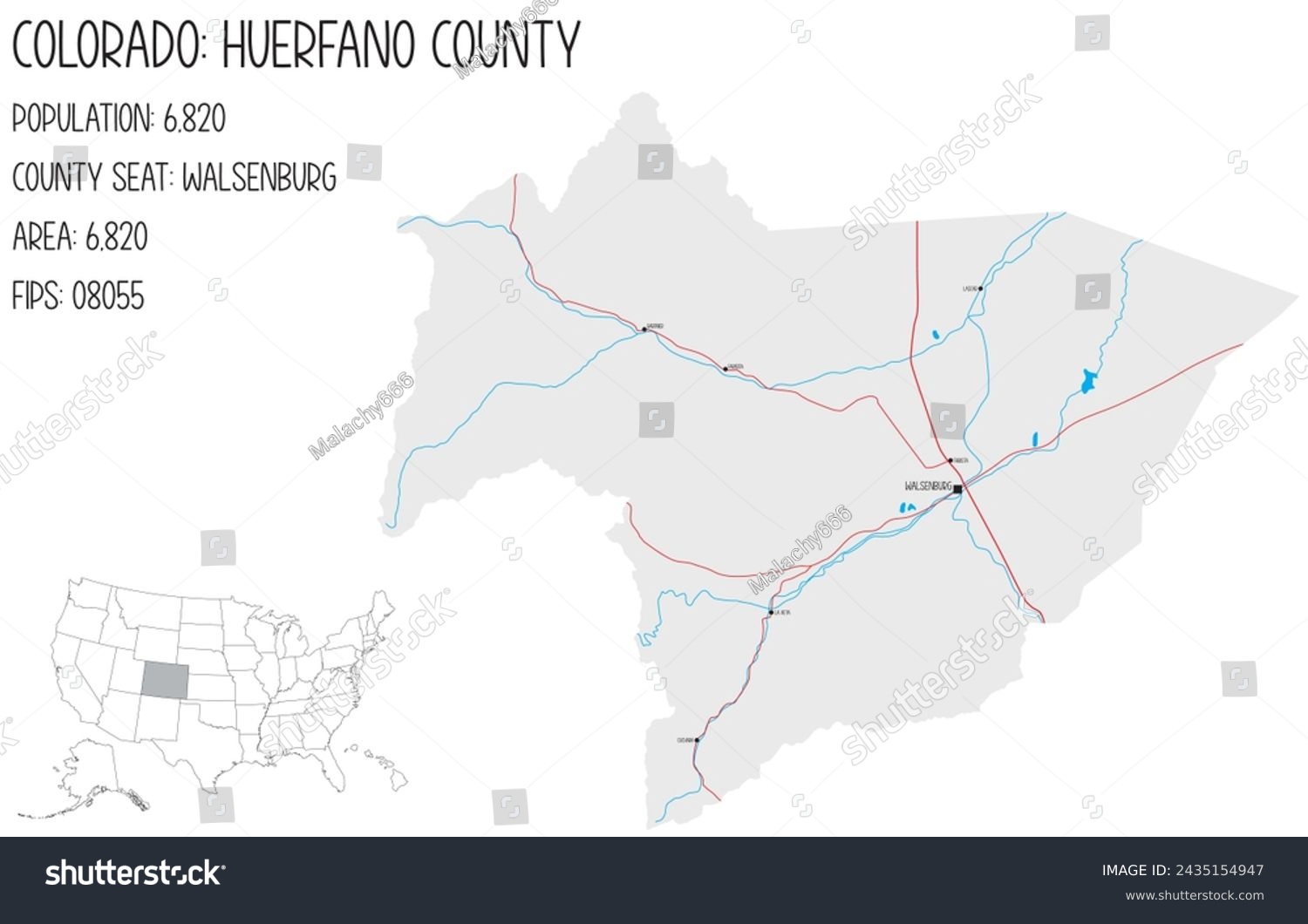 Large And Detailed Map Of Huerfano County In - Royalty Free Stock 