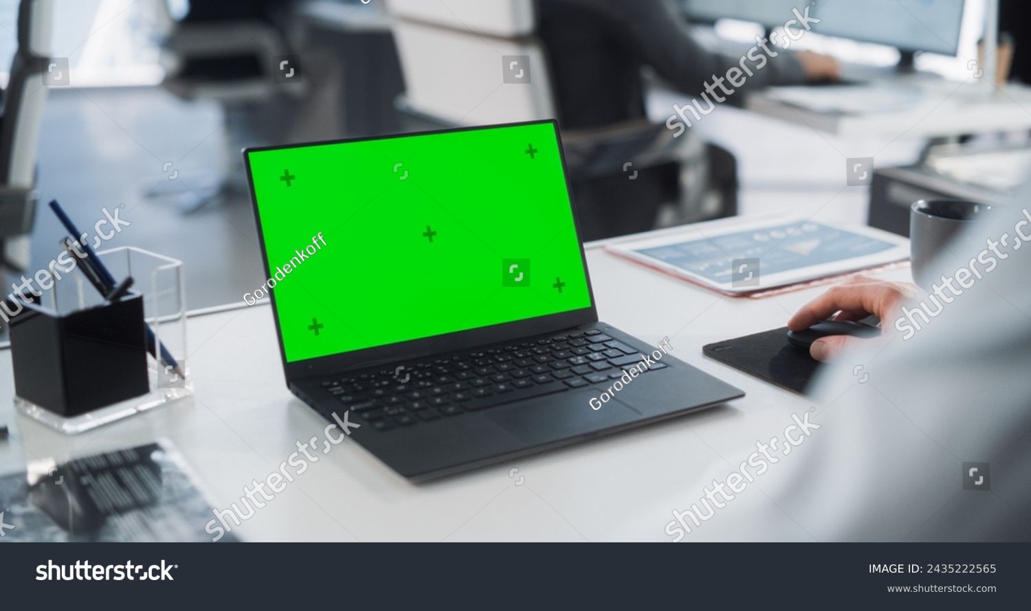 Successful Caucasian Businessman Sitting at Desk Working on Green Screen Laptop Computer in Office. Anonymous Businessperson using Chroma Key Display. Stylish Bright Workplace. Over Shoulder Close Up. #2435222565