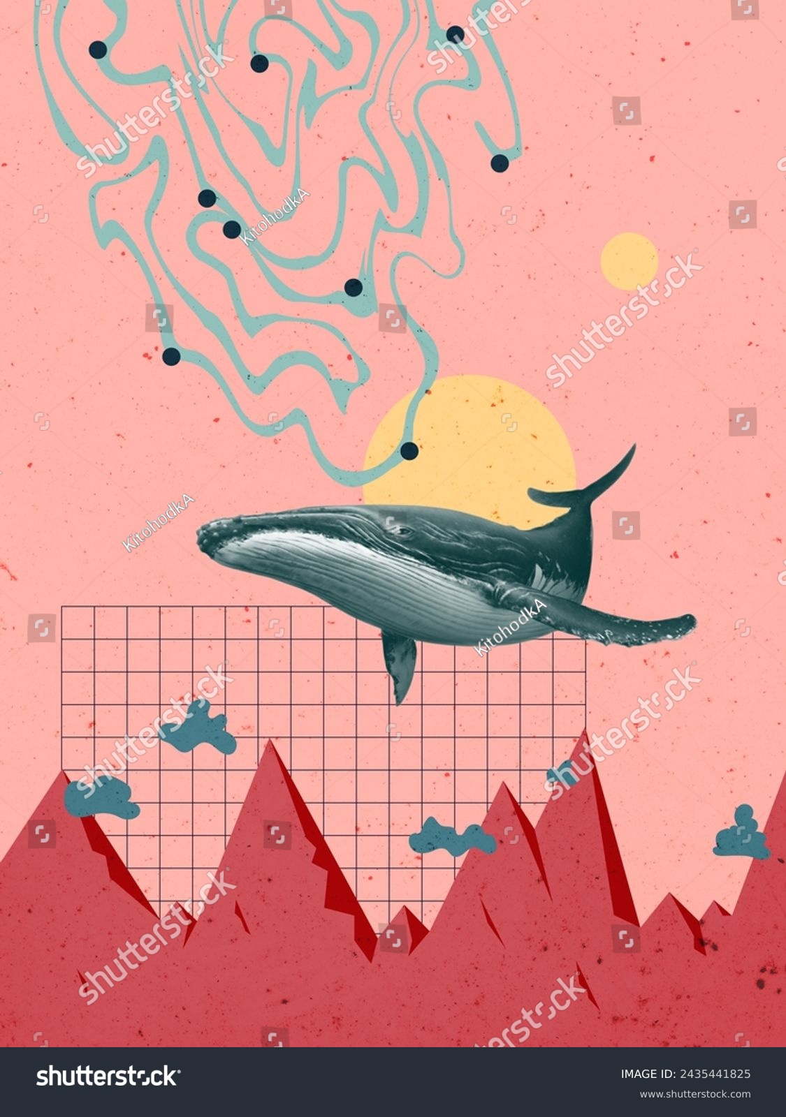 Animal Surreal Art Collage. Vector Illustration. Landscape Artwork. Poster Print. Pet Wild Life. Surrealism Flying Concept Beautiful. Asbtract Weaves Red Green Color Vintage Retro Geometric Line Grid #2435441825