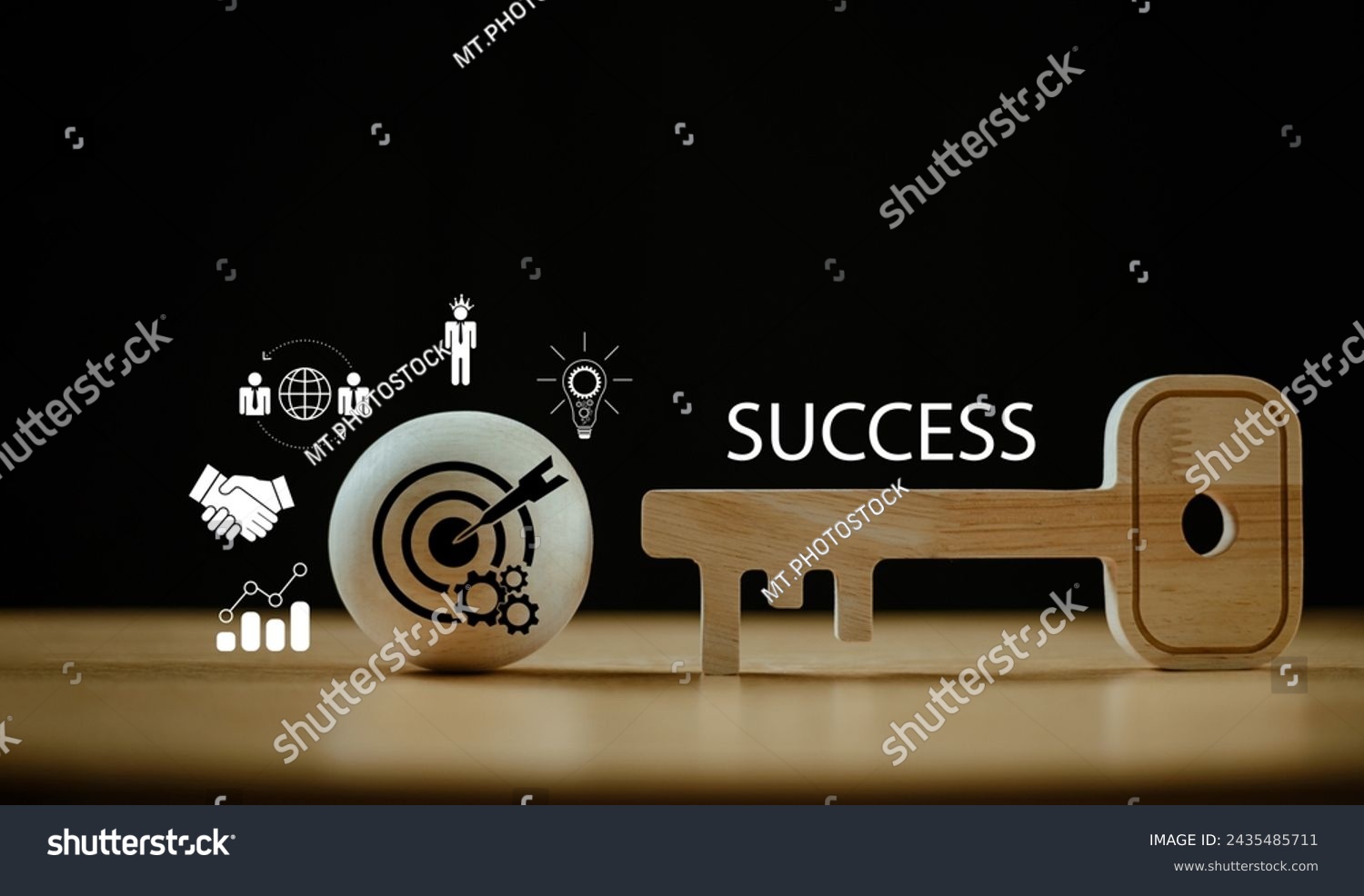 Key strategy idea, business goal concept. Wooden gold key unlock security ball target icon. Key success business planning, creative fund investment consultant. Marketing insight solution for leader #2435485711