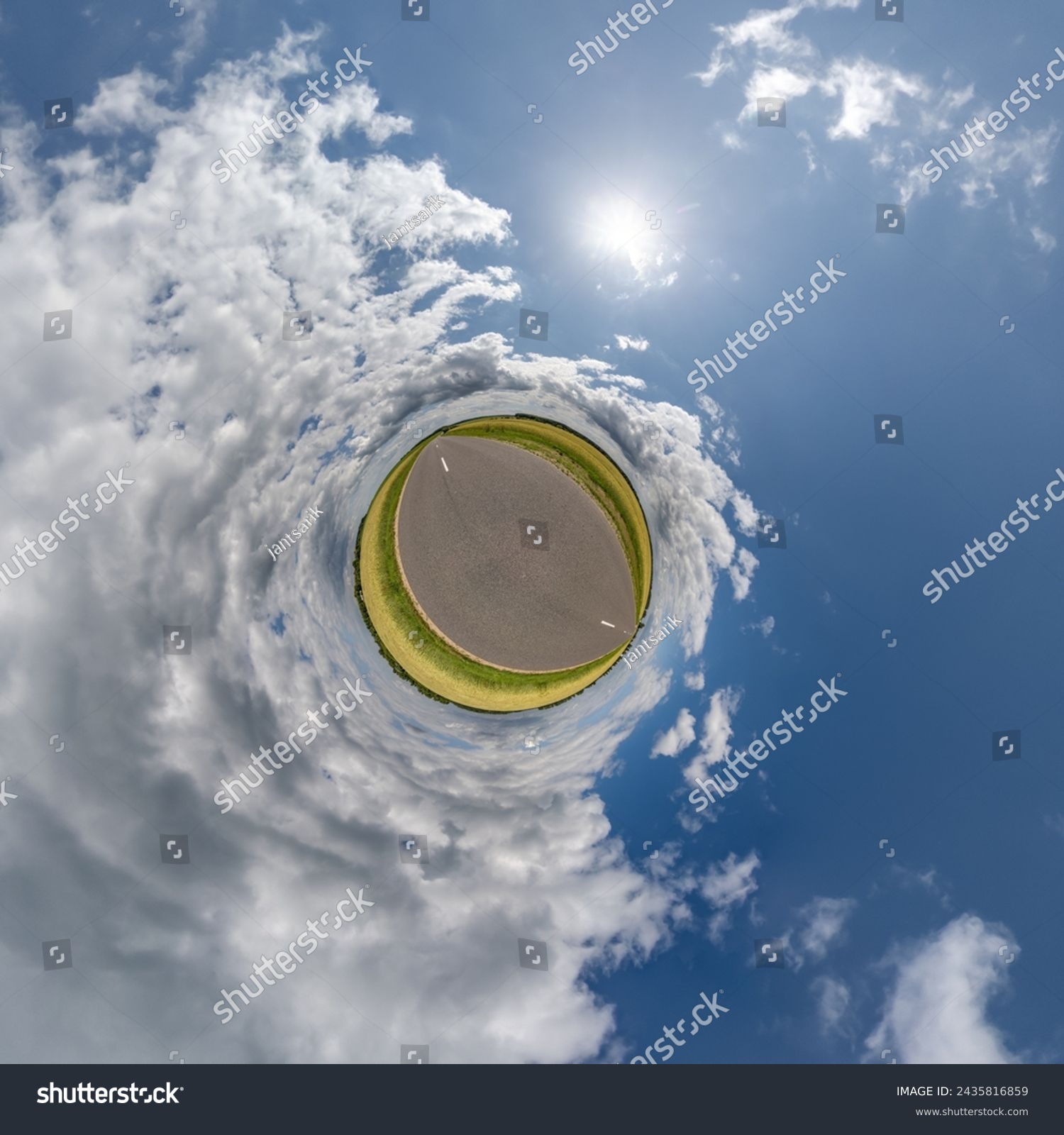 simple green tiny planet without buildings in blue sky with beautiful clouds. Transformation of spherical panorama 360 degrees. Spherical abstract aerial view. Curvature of space. #2435816859