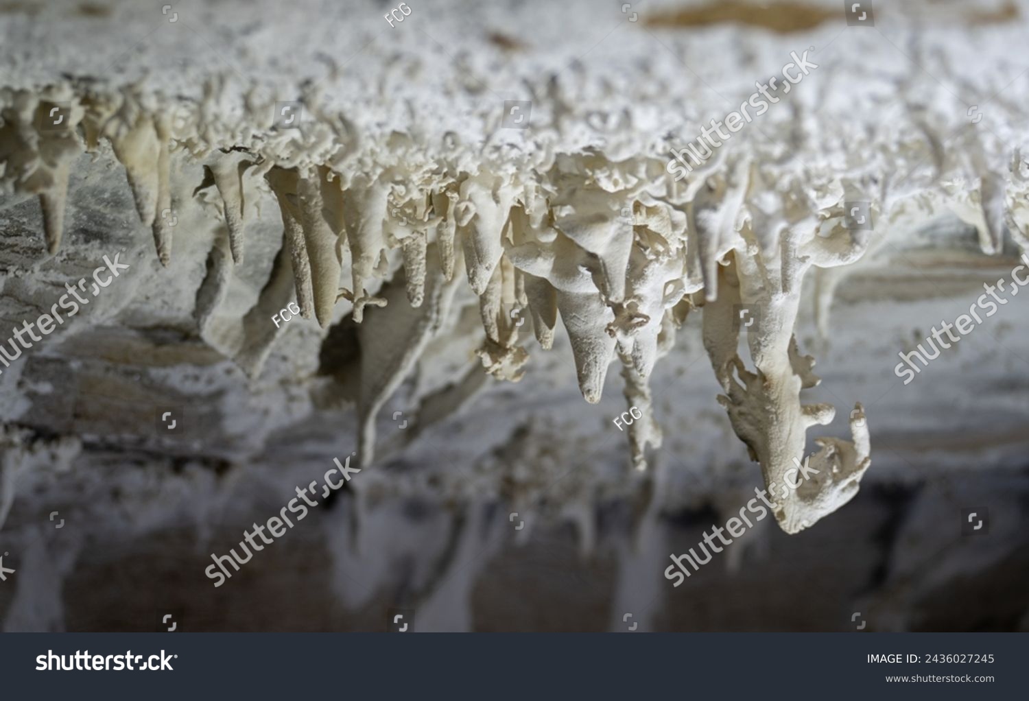 Intricate stalactites in a cave showcase stunning geological formations. #2436027245