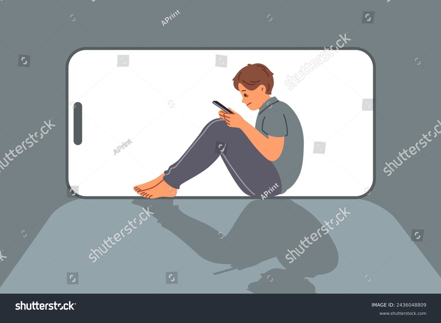 Boy suffers from digital addiction and uncontrollably uses mobile phone to chat on social networks. Child with cyber addiction dreams of becoming blogger so can work through phone. #2436048809