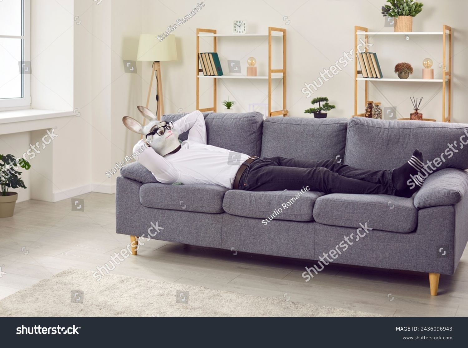 Tired half man half animal enjoying well deserved rest at weekend. Funny relaxed man in rabbit face mask, white shirt, trousers and glasses sleeping with hands behind head on comfortable sofa at home #2436096943