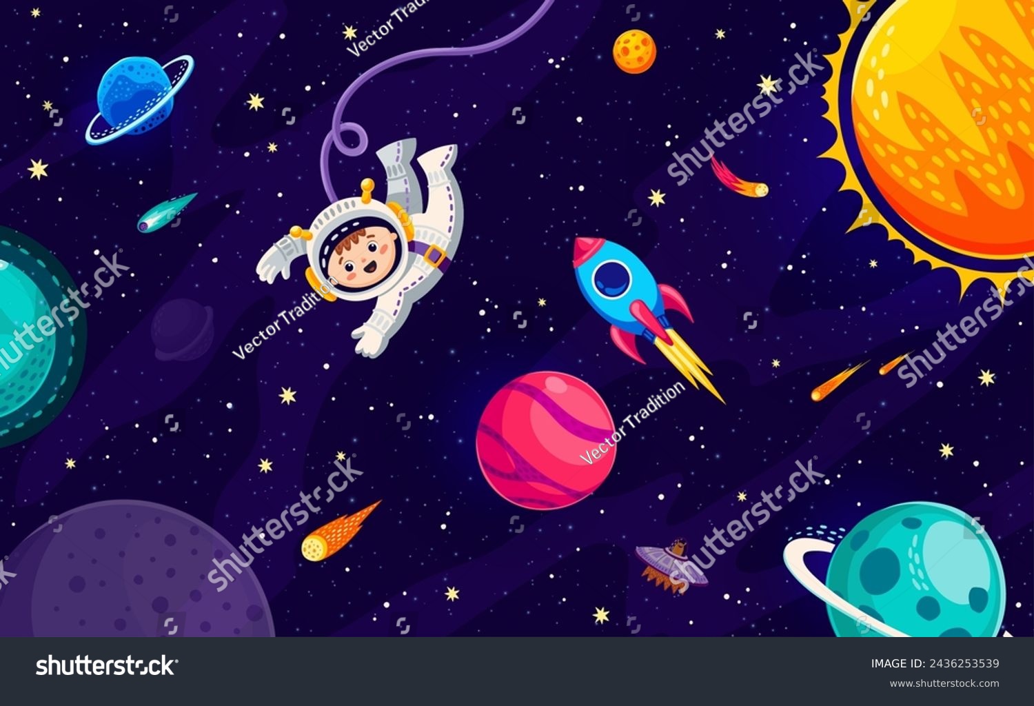 Cartoon boy astronaut in outer space near rocket - Royalty Free Stock ...