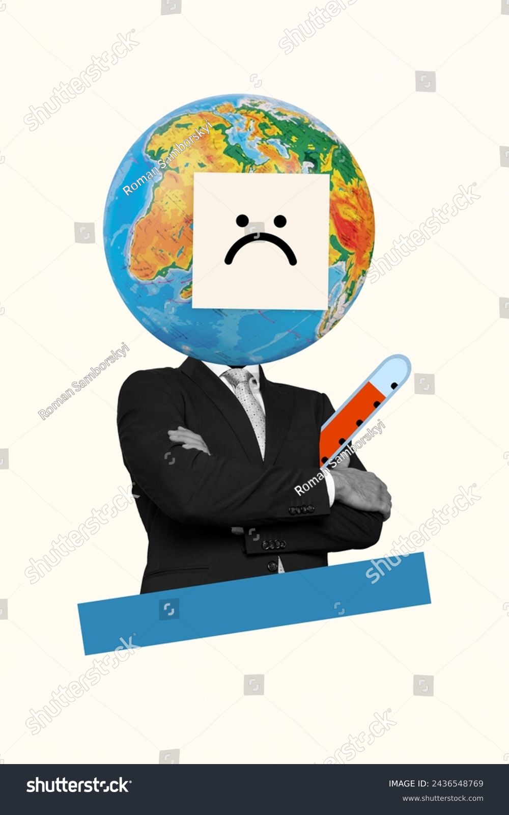 Cartoon collage illustration thermometer sick planet earth ecology issue climate change heating global warming isolated on beige background #2436548769