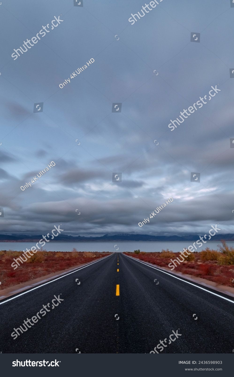  Spectacular Sunset: 4K Ultra HD Image of Desert Road to Lakeshore with Clouds at Sunset #2436598903