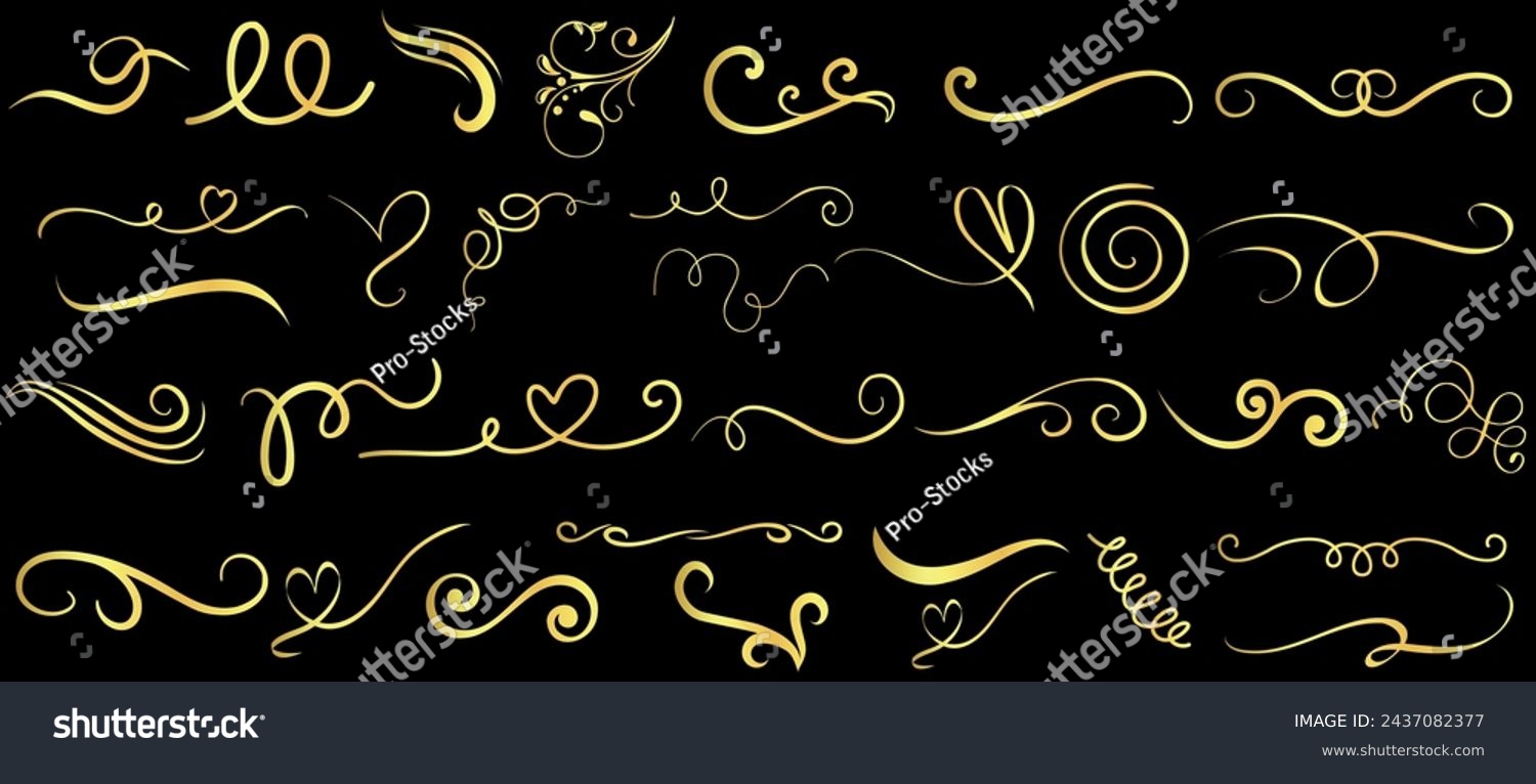 Golden swirls, elegant Flourishes design elements on black background, perfect swirl for luxury branding Enhance aesthetic appeal effortlessly with this ornate vector artistry #2437082377