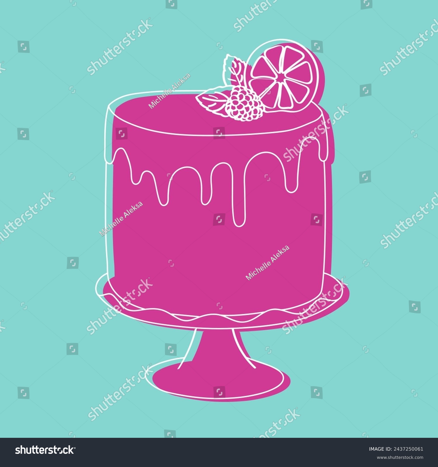A pink handpainted cake with a slice of lemon resting on top of it. The cake is decorated with intricate doodle designs, and the vibrant yellow lemon slice adds a pop of color to the dessert #2437250061