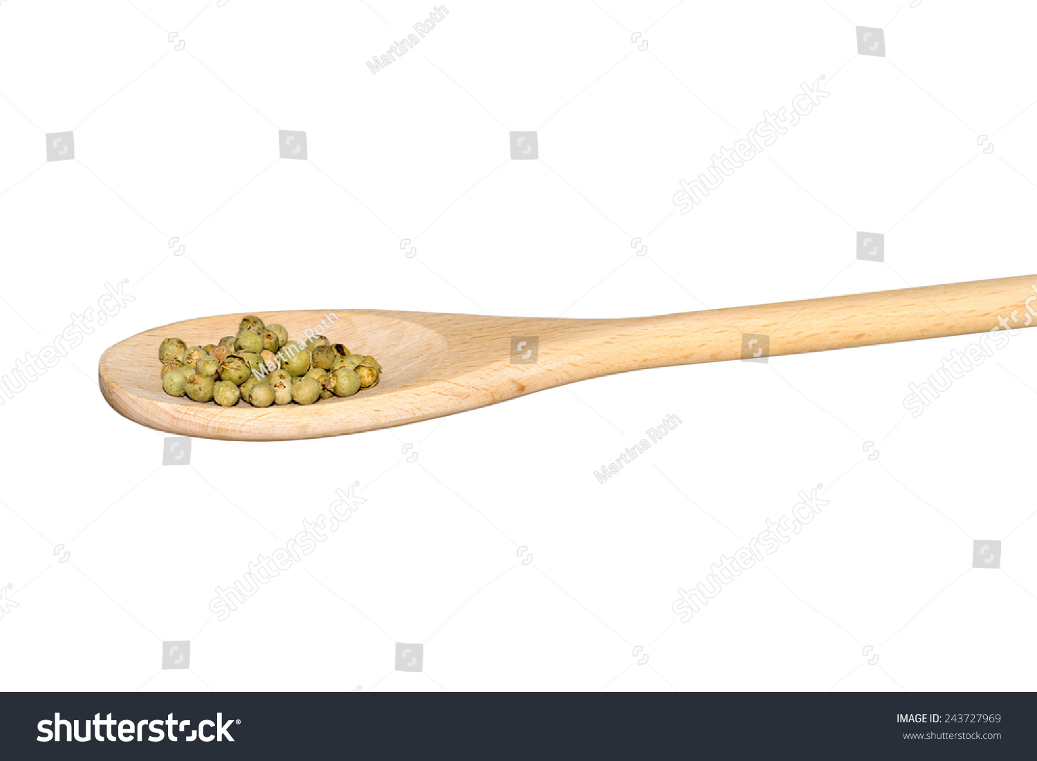 Green peppercorns on a wooden spoon isolated on white #243727969