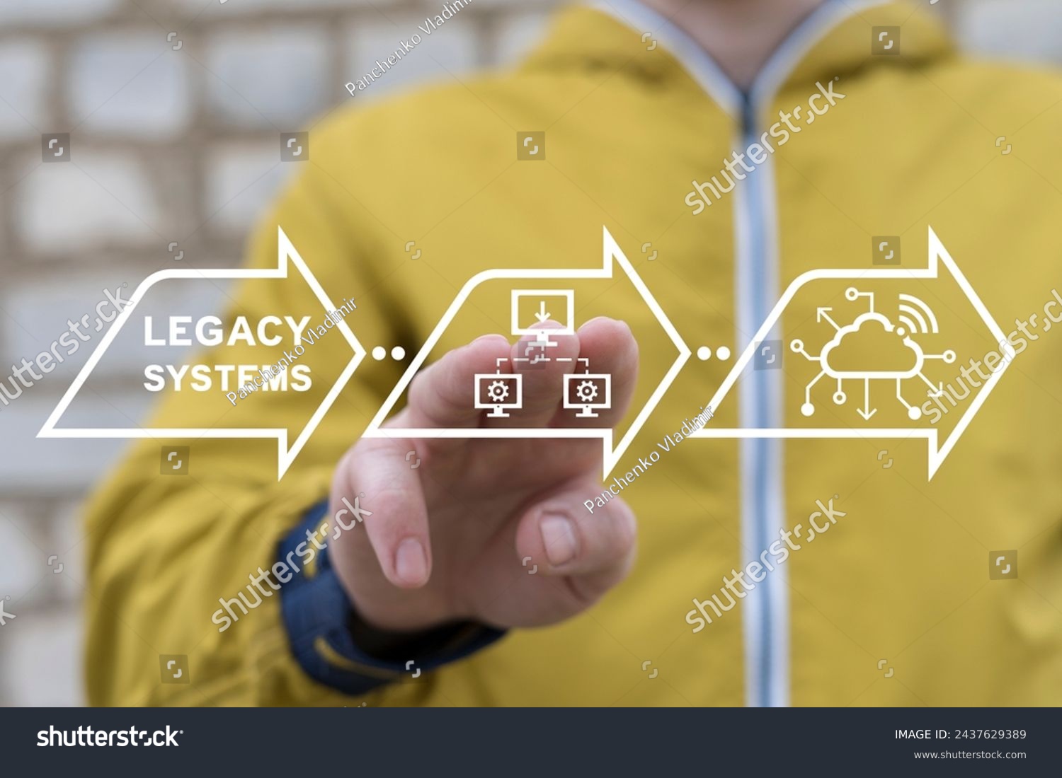 Businessman using virtual touch screen presses inscription: LEGACY SYSTEMS. Legacy System Business Technology Inter operability Modernization concept. #2437629389