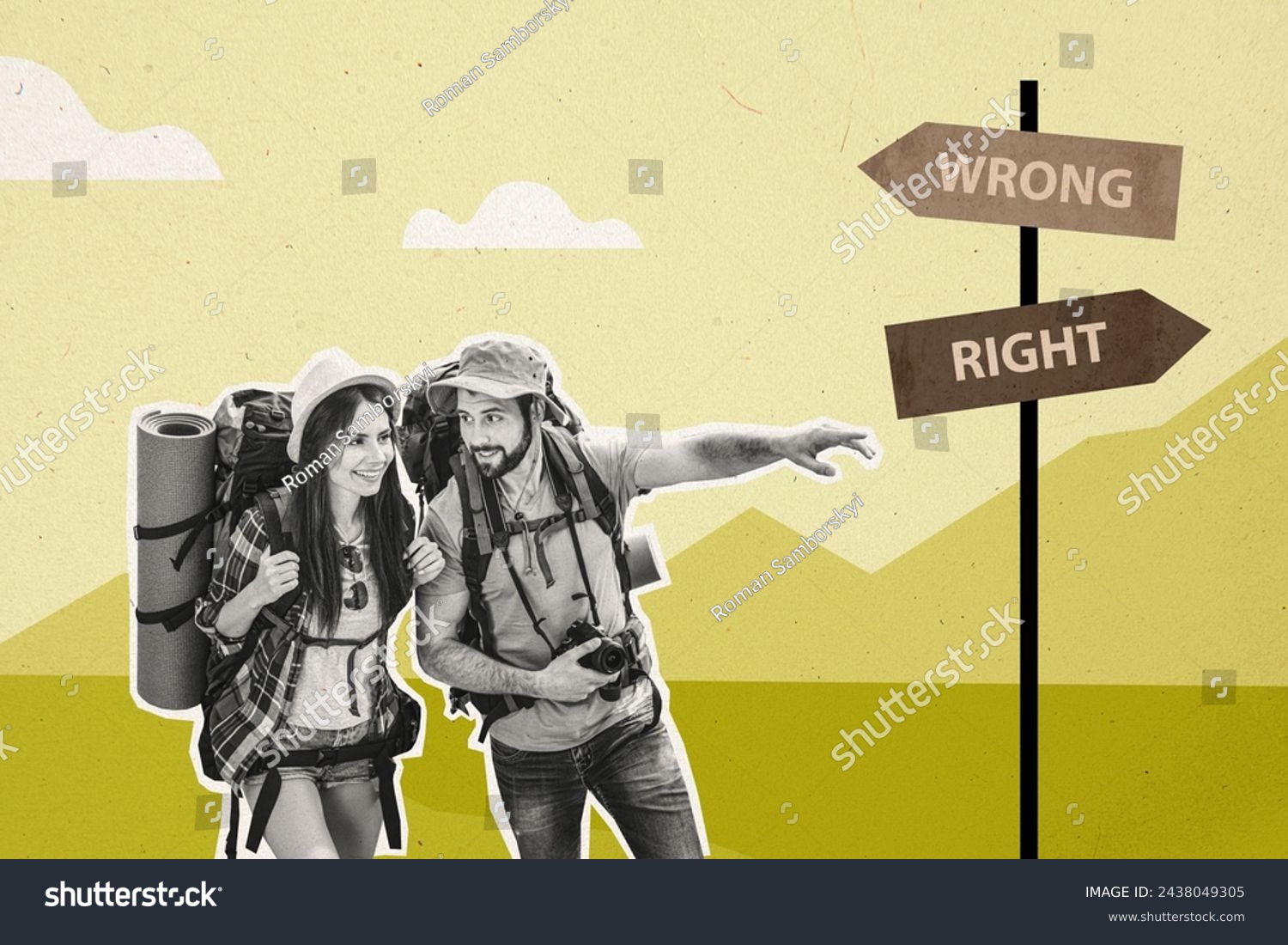 Creative collage young couple man showing road signboard direction wrong right travelers lost way path mountain scenery wild nature #2438049305