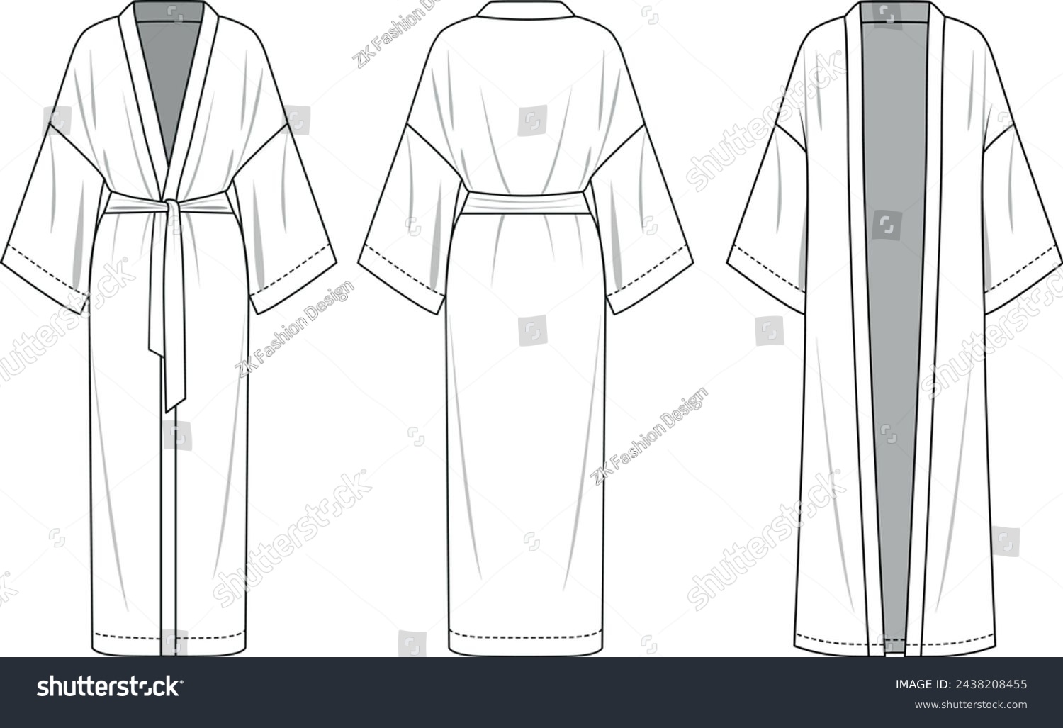 
Women's long sleeve Kimono dress flat line vector illustration, front back and beltless view, Kimono robe technical fashion illustration. #2438208455