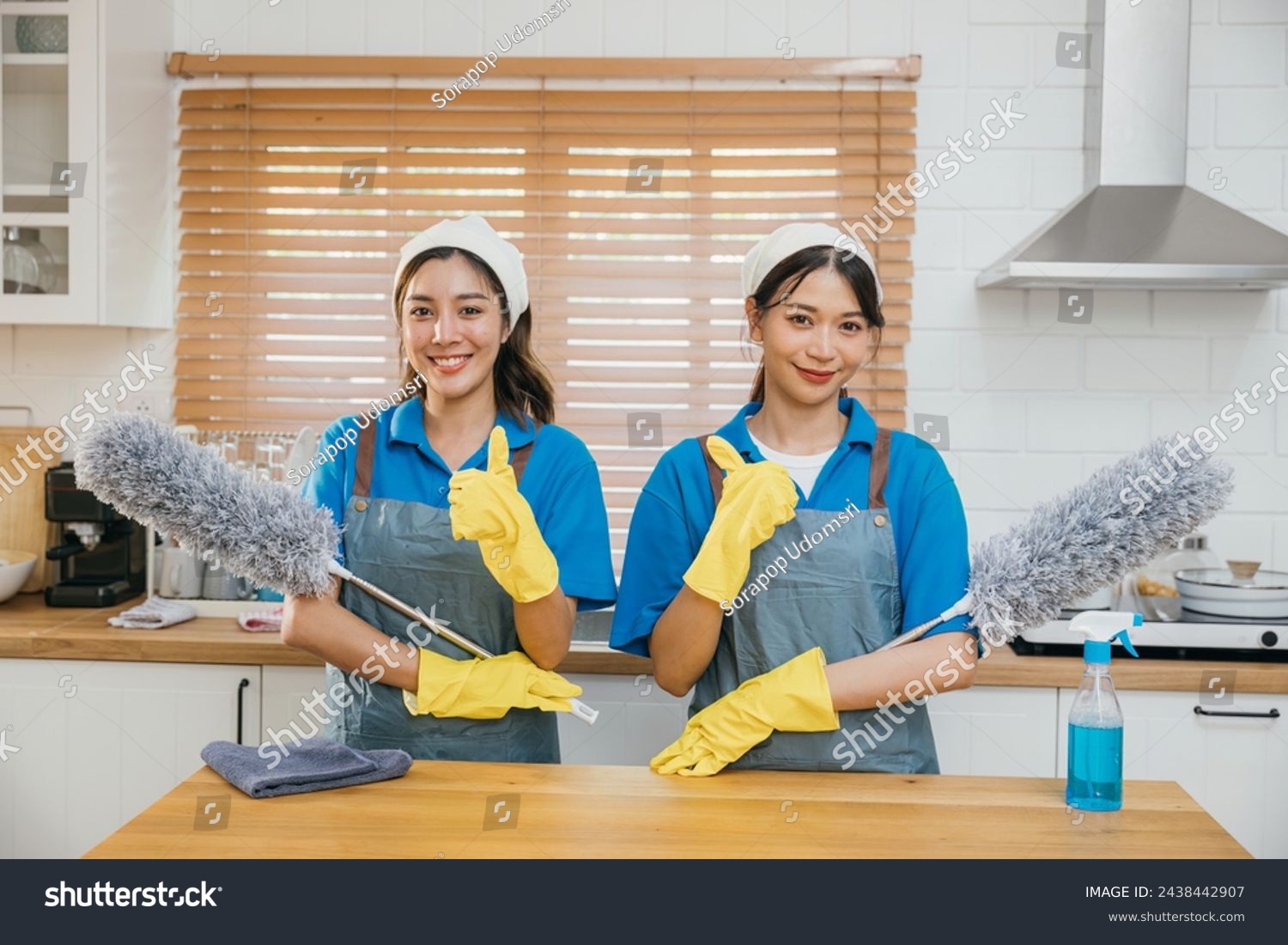 Cleaning service women in uniform stand on kitchen counter holding duster foggy spray and rag. Emphasizing teamwork in efficient housework. Clean portrait two uniform maid working smiling employee. #2438442907