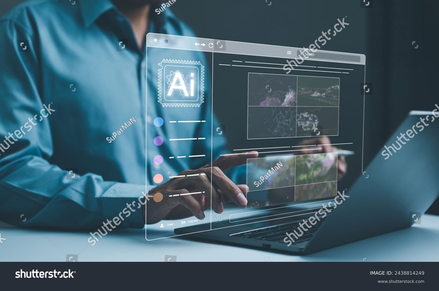 AI image creation technology. Man use AI software on a laptop to generate images, showcasing a futuristic user interface. screen with visual prompt. Image generated by artificial intelligence. photo, #2438814249