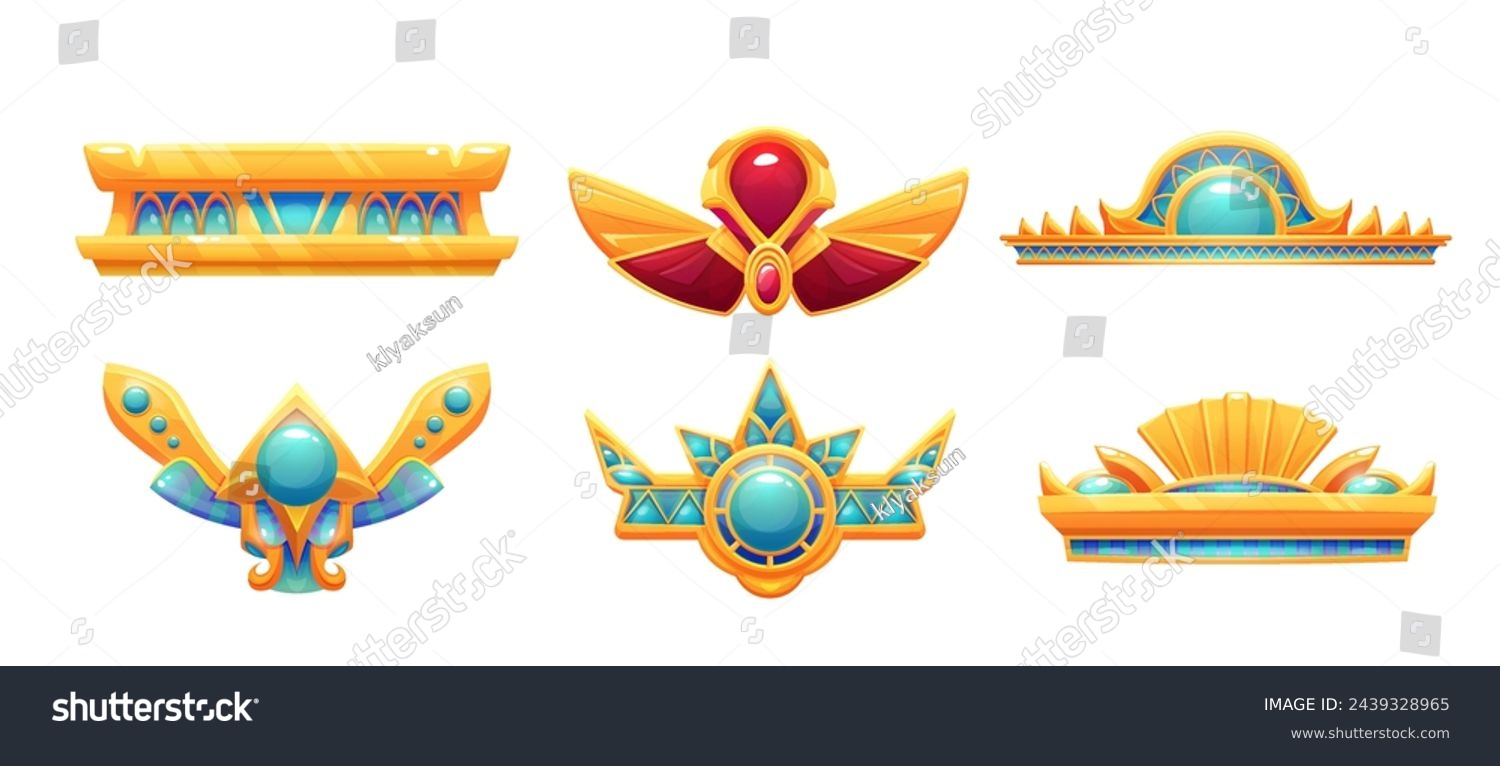 Egyptian game ui icon of border or divider. Cartoon vector illustration set of treasure ancient Egypt frame asset made of gold with red and turquoise gem stones. Pharaoh golden ornament and jewelry. #2439328965
