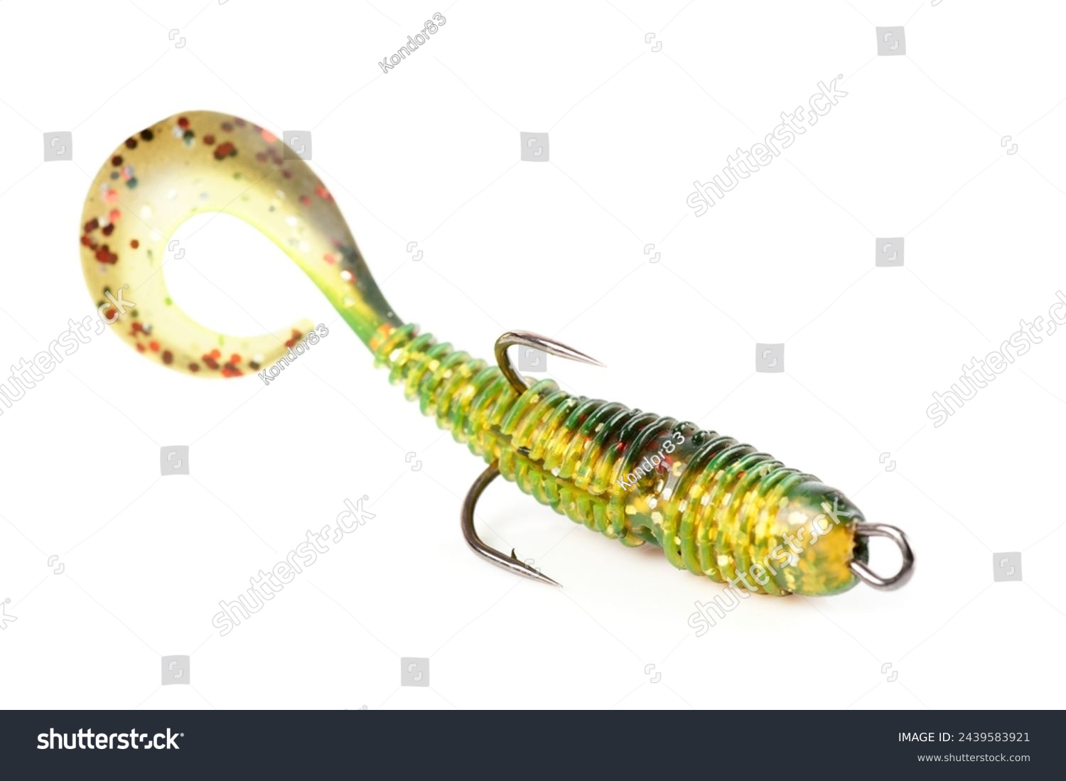 Soft fishing bait for predatory fish, moss green plastic grub, with double hook, isolated on white background #2439583921