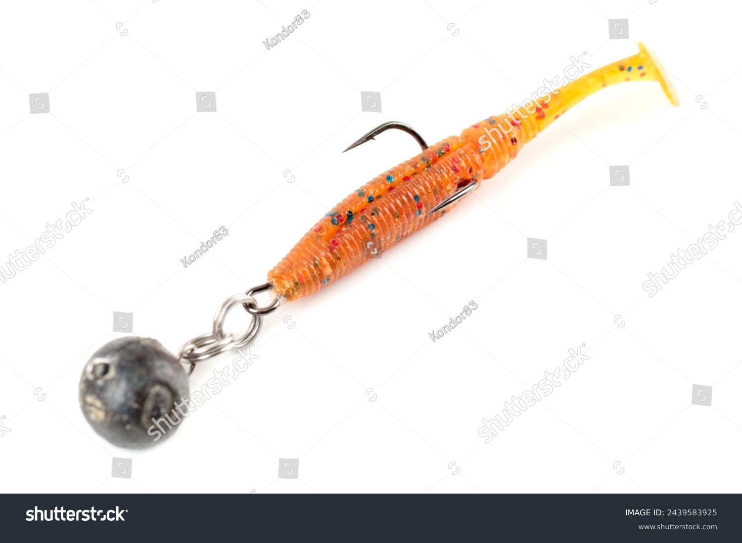 Orange fishing lure, plastic shad fish, with double hook and lead sinker, isolated on white background #2439583925