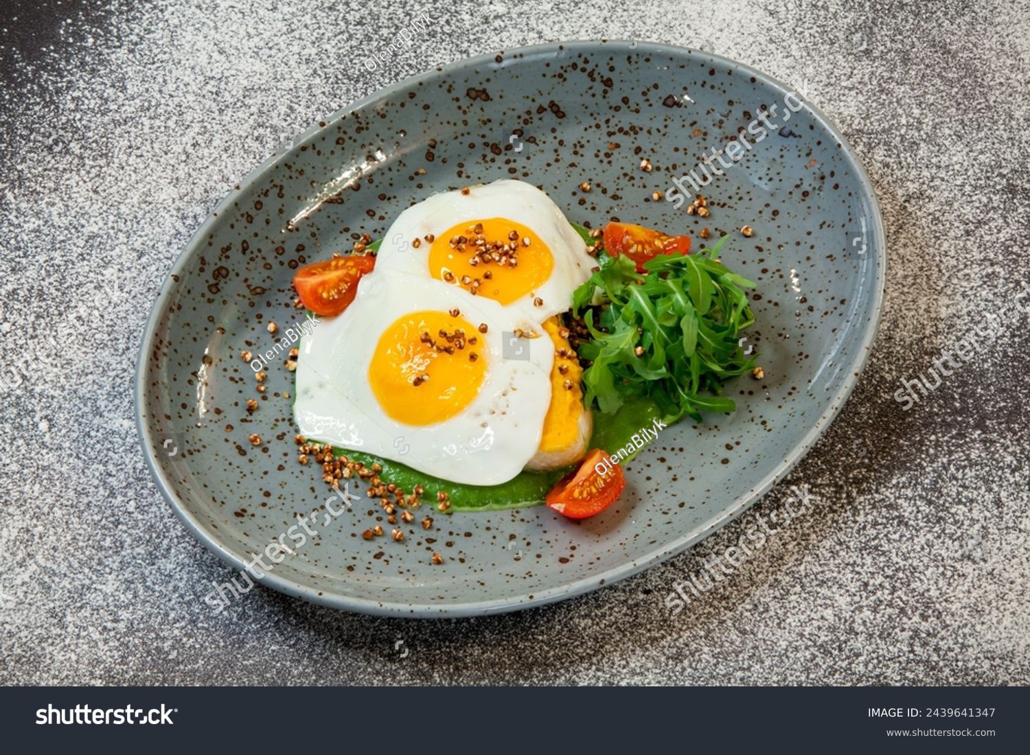 Sunny-side-up eggs with tomatoes and green-stuff #2439641347