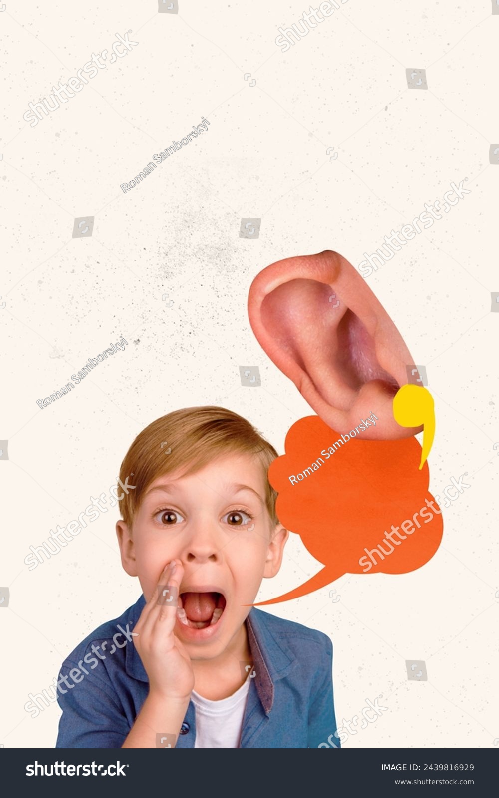 3D photo collage trend artwork composite sketch image of small boy school age share news gossip rumors to friend huge ear listen #2439816929