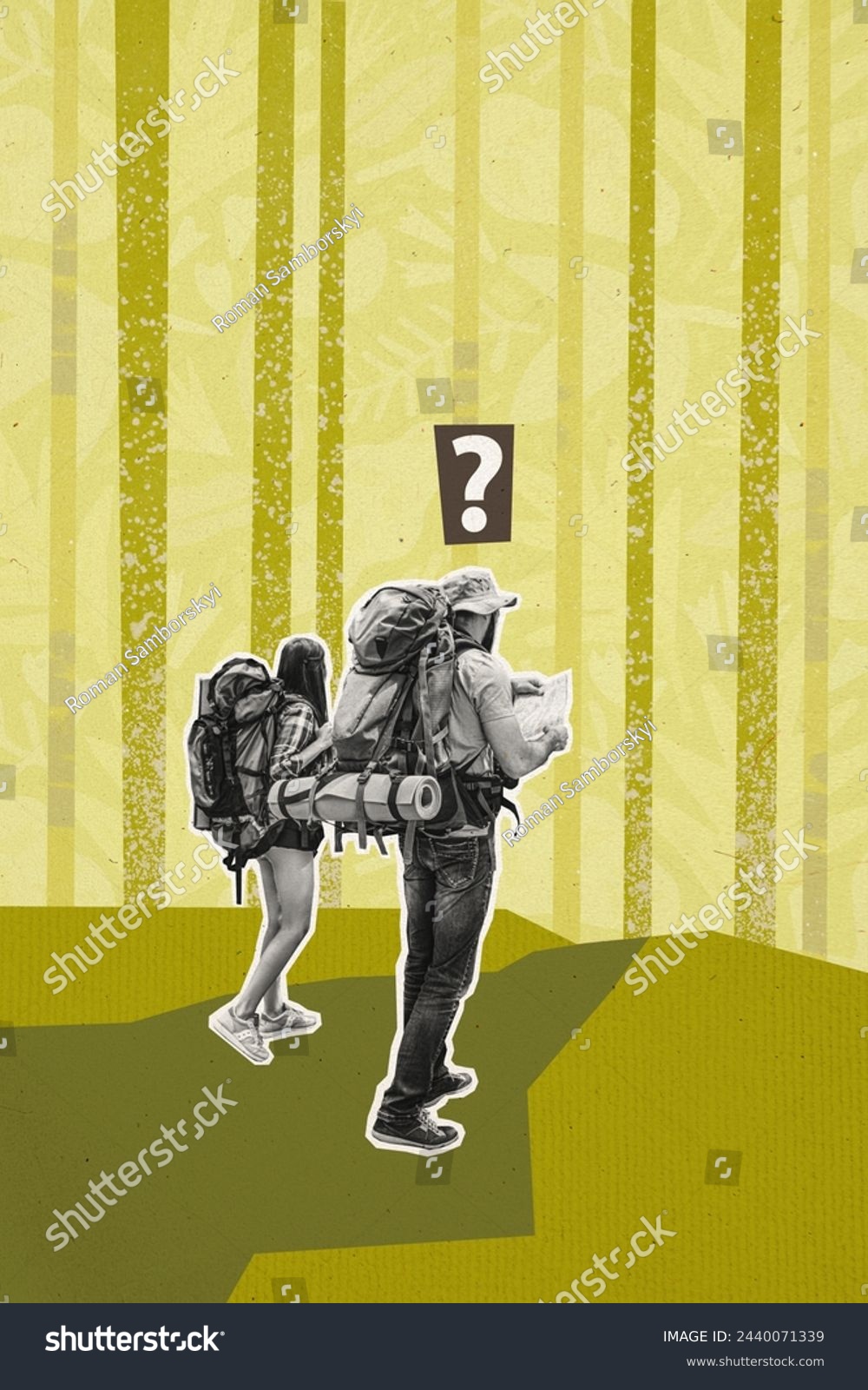 Vertical creative collage poster two expediters lost route way question mark problem find path forest wood nature camping #2440071339