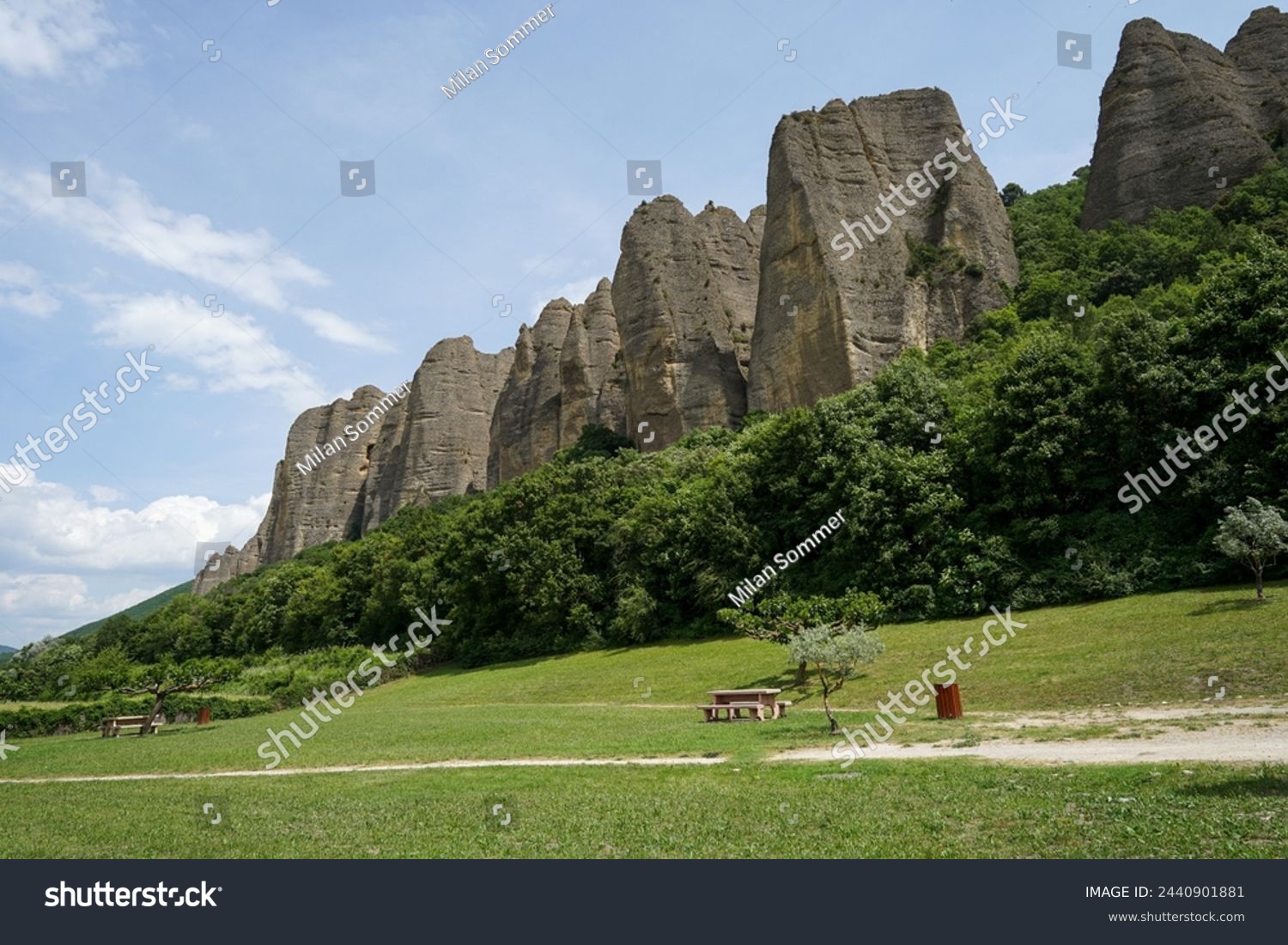 Penitents des Mees, interesting rock cliffs above village Mees, tourist landmark in France #2440901881