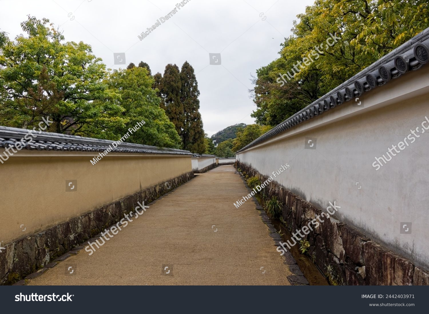 Diminishing perspective of pathway at famous Unesco Word Heritage site Himeji-jo castle on a cloudy gray winter day. Photo taken February 1st, 2024, Himeji, Japan. #2442403971