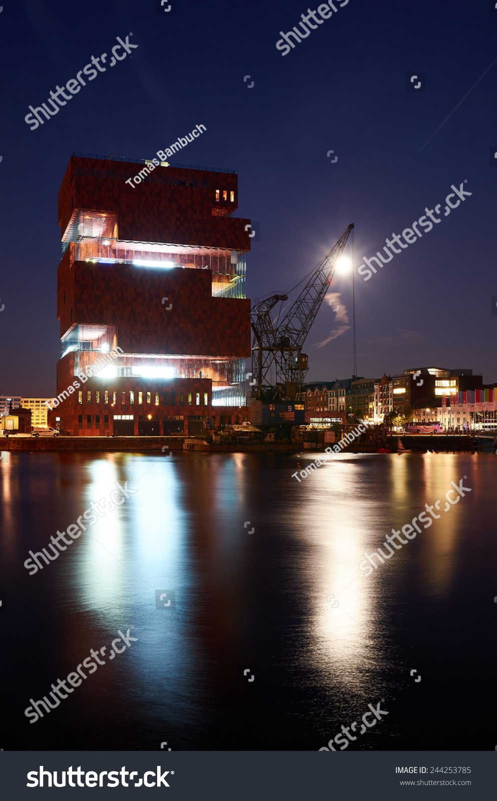 Night view over the MAS museum in Antwerp, Belgium #244253785