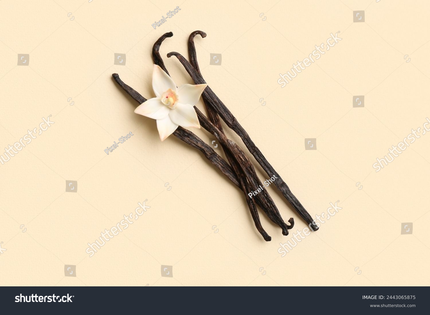 Aromatic vanilla sticks and flower on color background #2443065875