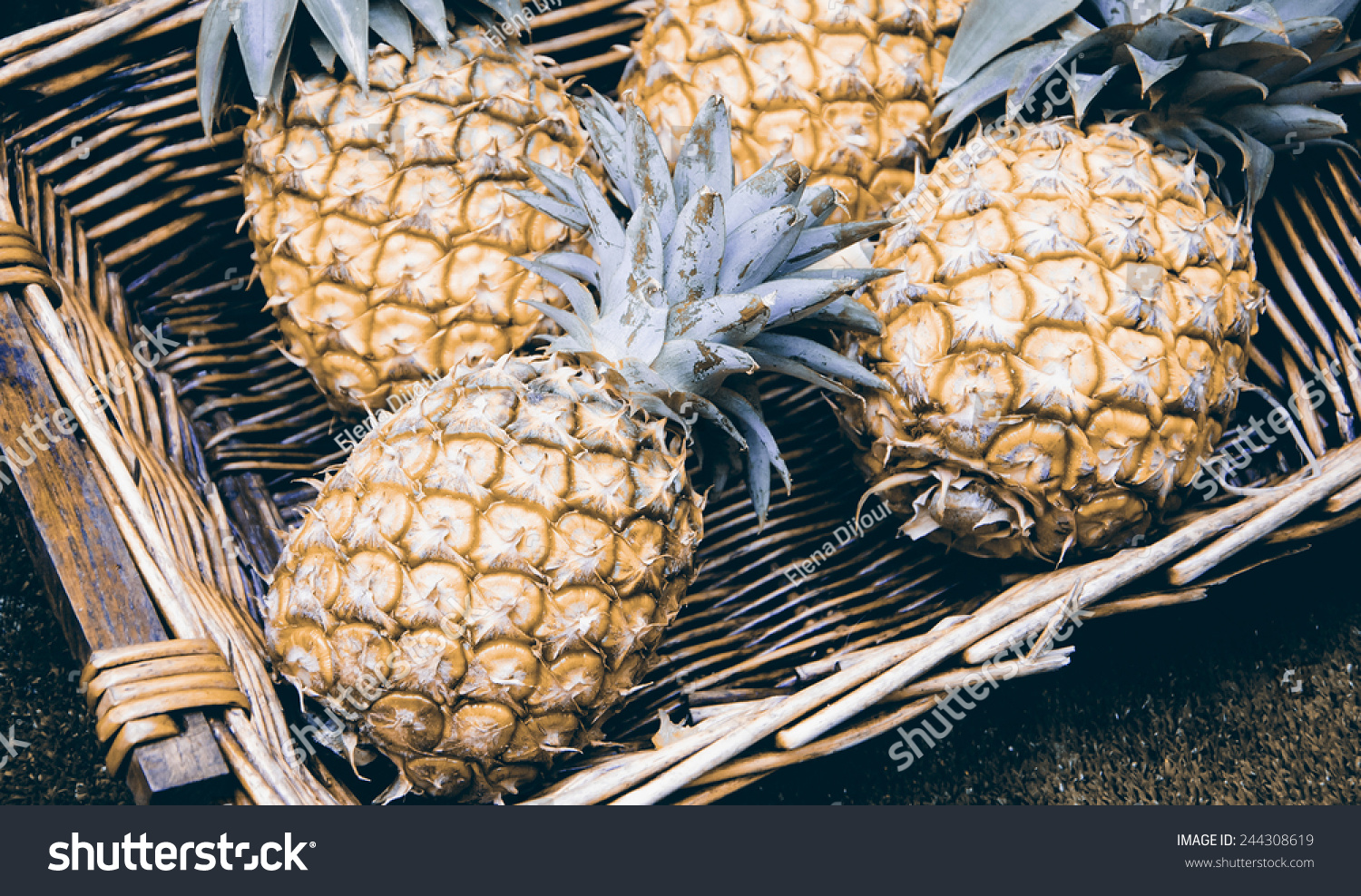 Pineapples in wicker basket at organic farmers market in Paris (France). Aged photo. #244308619