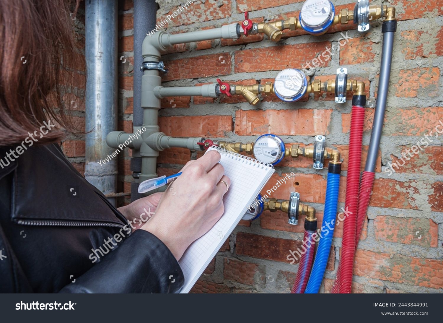 Checking the readout on a water meter. Household water consumption, cost of water symbolic image. #2443844991