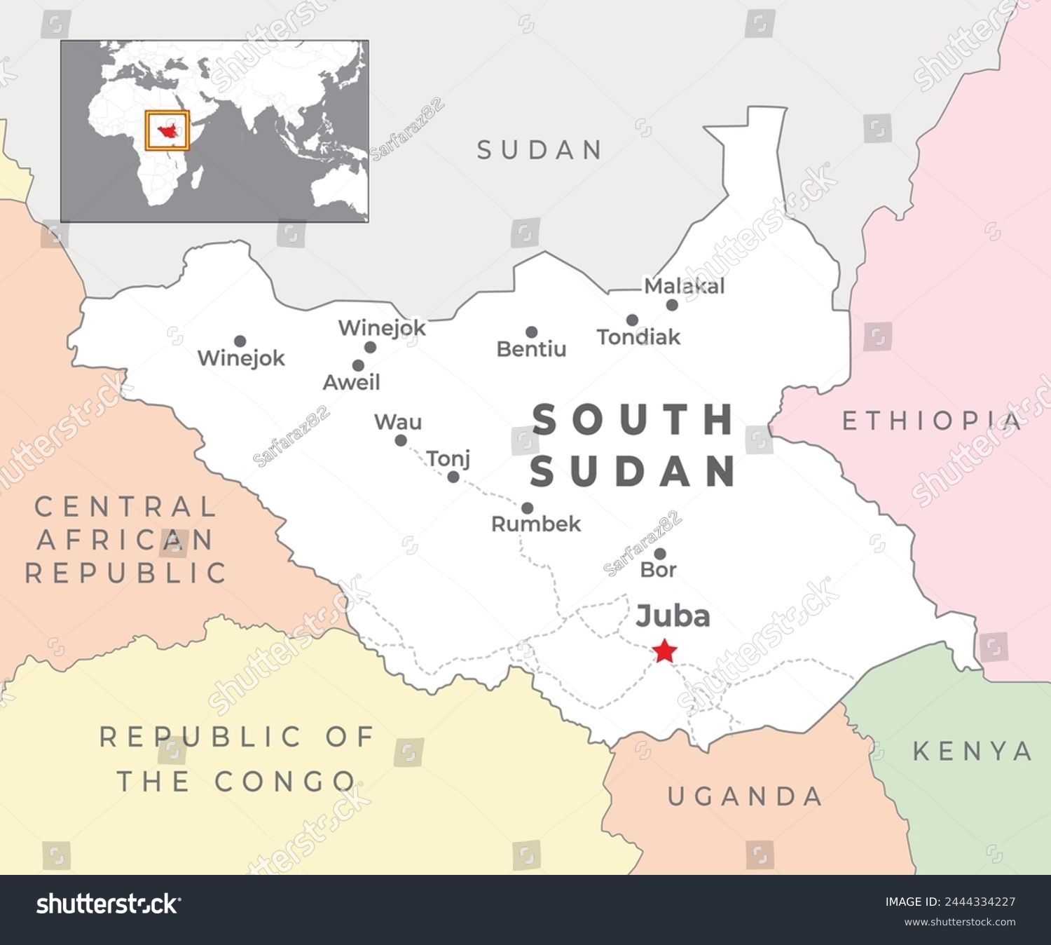 South Sudan Political Map with capital Juba, - Royalty Free Stock ...