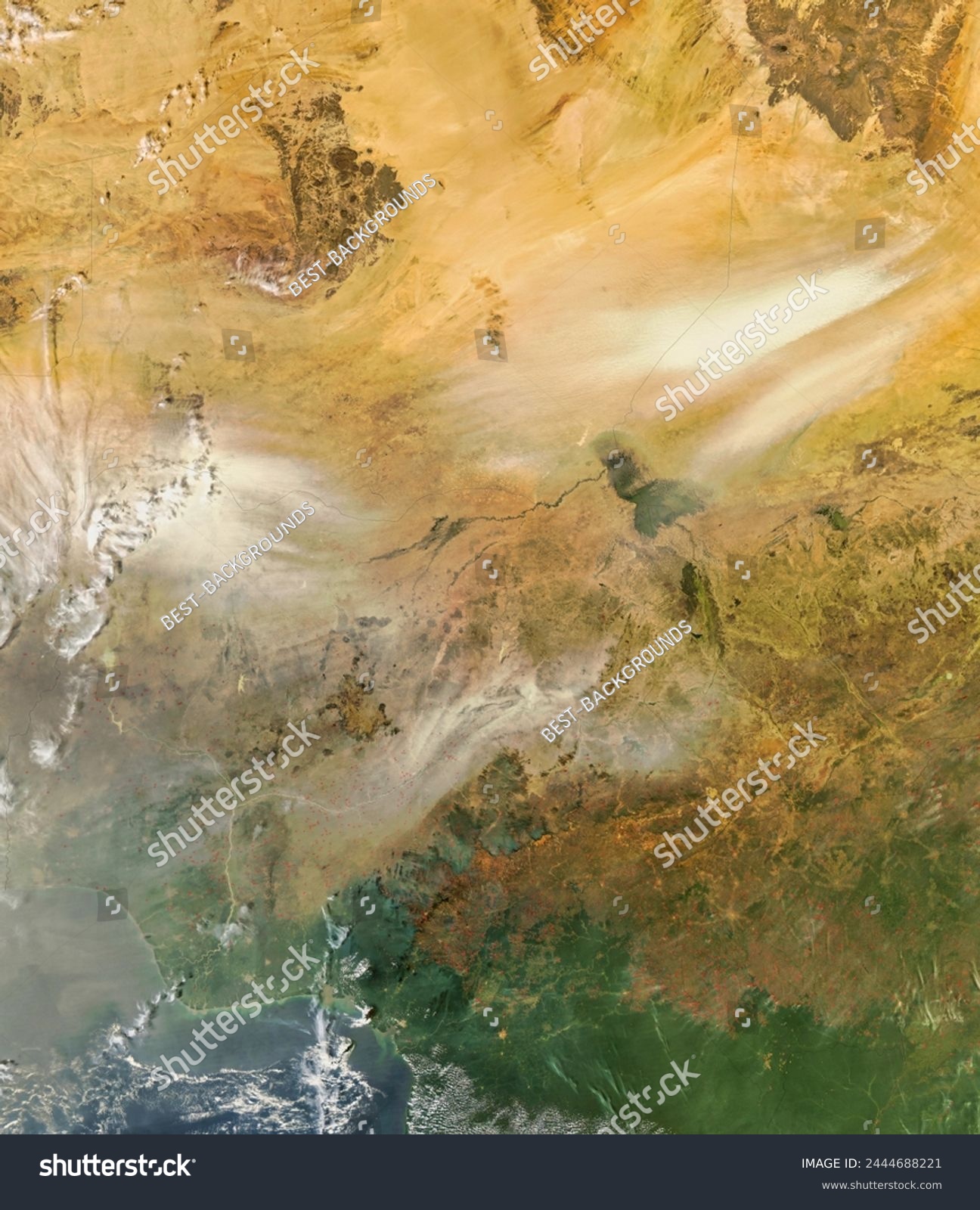 Dust and fires across Central Africa. Dust and fires across Central Africa. Elements of this image furnished by NASA. #2444688221