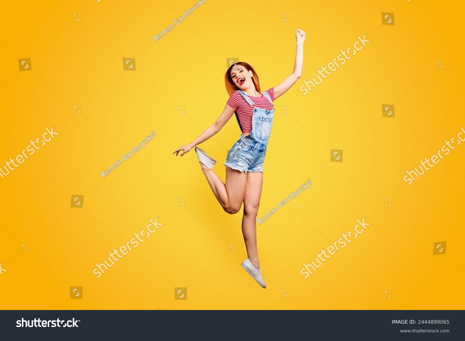 Ha-ha people person concept. Full length size body studio photo portrait of satisfied glad nice sweet lovely with beaming smile girl jumping up raising hands up isolated bright background #2444899065