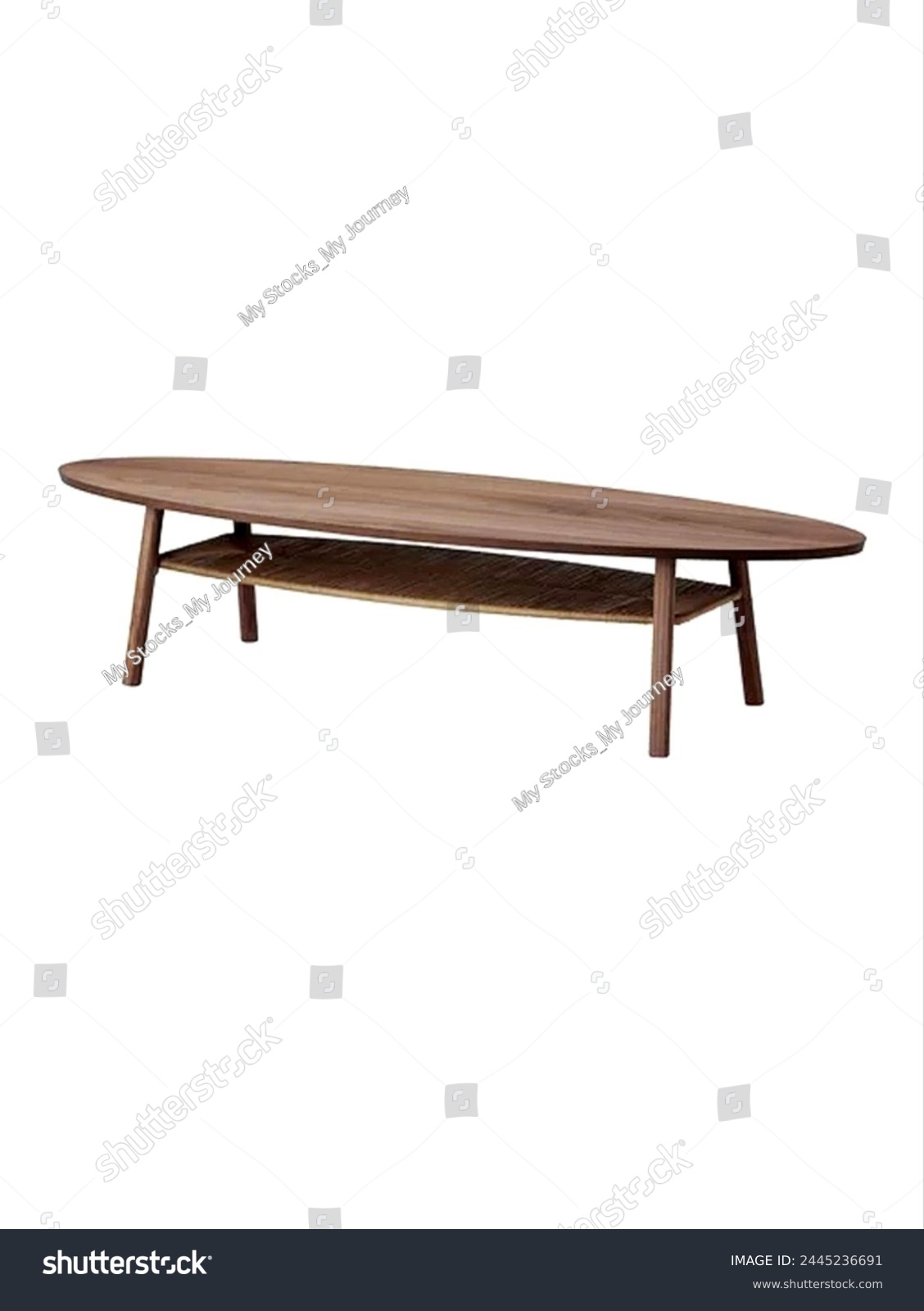 Furniture. Coffee table, oval top with one lower rack and four legs made of oakwood in walnut veneer color. #2445236691