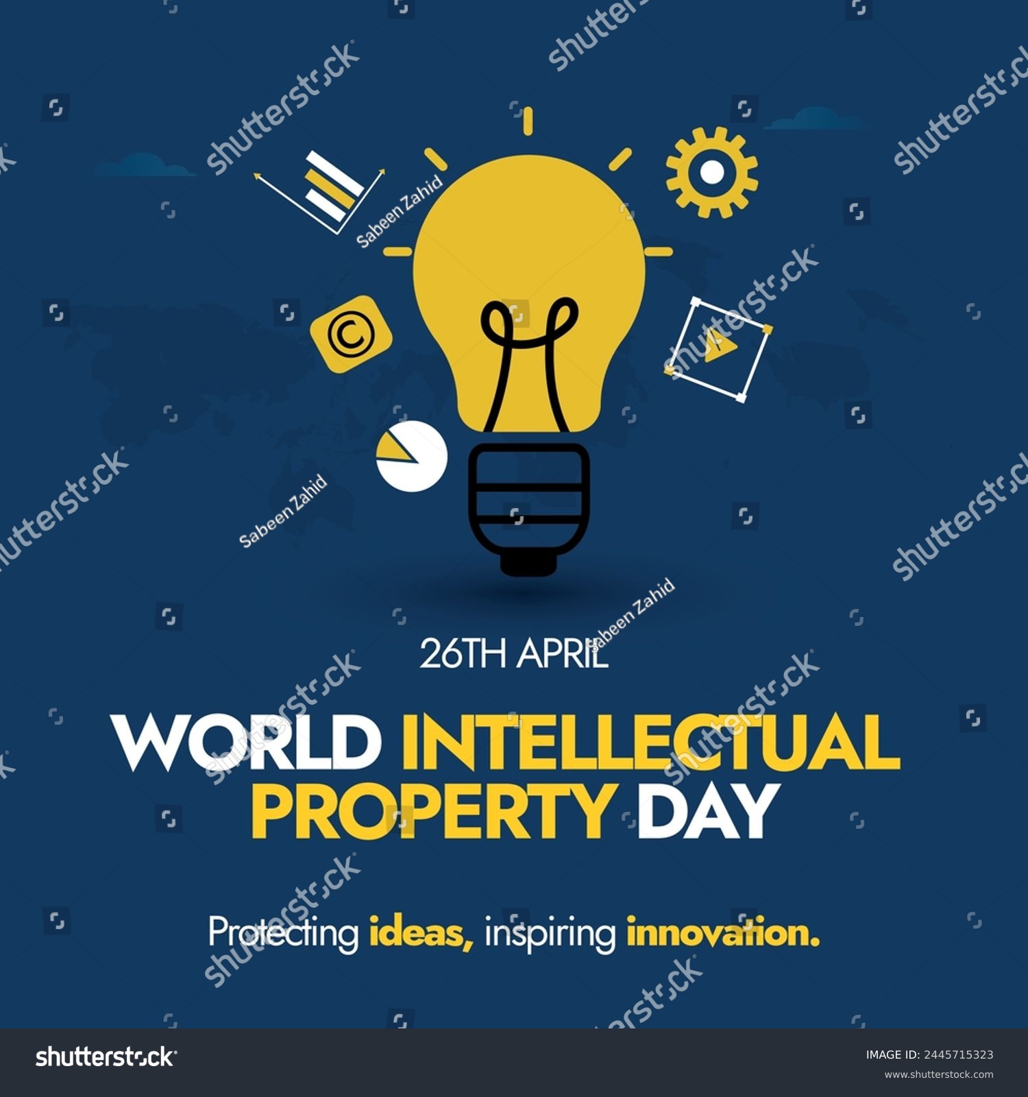 World Intellectual Property day.26th April World Intellectual property day awareness banner with light bulb and icons of gear, charts.Banner to promote the Building our common future with innovation. #2445715323
