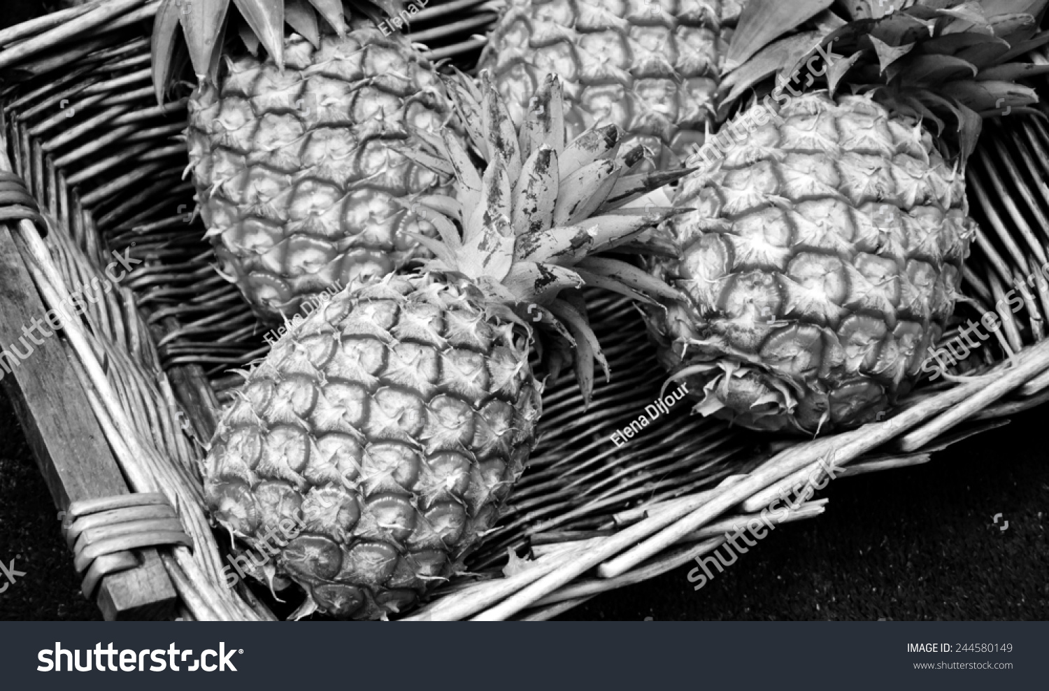 Pineapples in wicker basket at organic farmers market in Paris (France). Aged photo. Black and white. #244580149