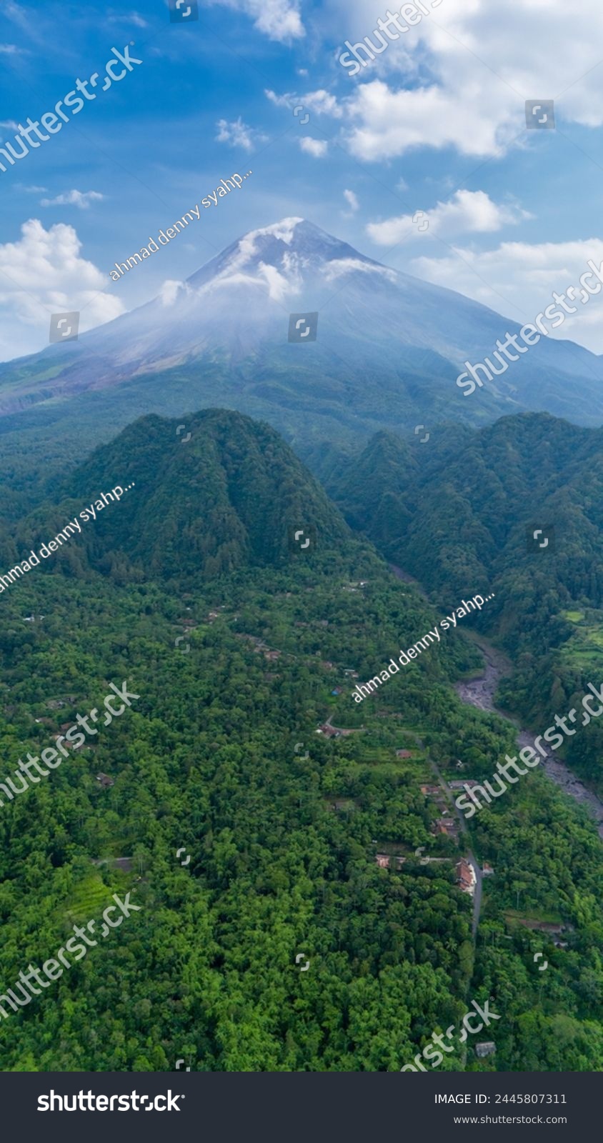 aerial view of Mount Merapi is the most active volcano in Indonesia located in the central part of Java Island in Sleman Regency, Yogyakarta #2445807311