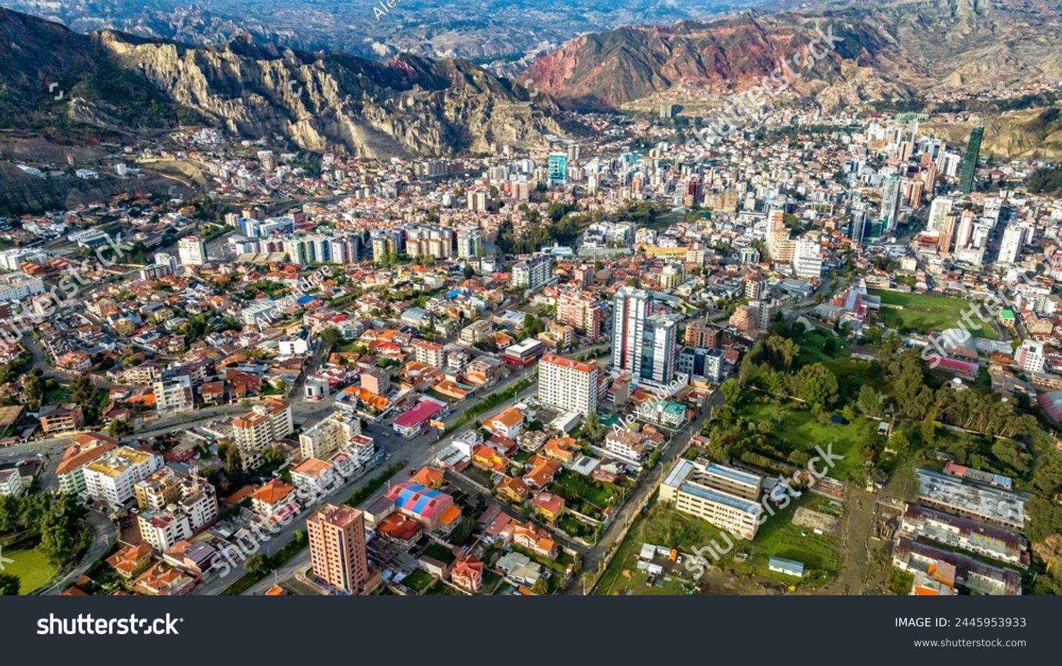 La Paz, Bolivia, aerial view flying over the dense, urban cityscape. San Miguel, southern distric. South America #2445953933