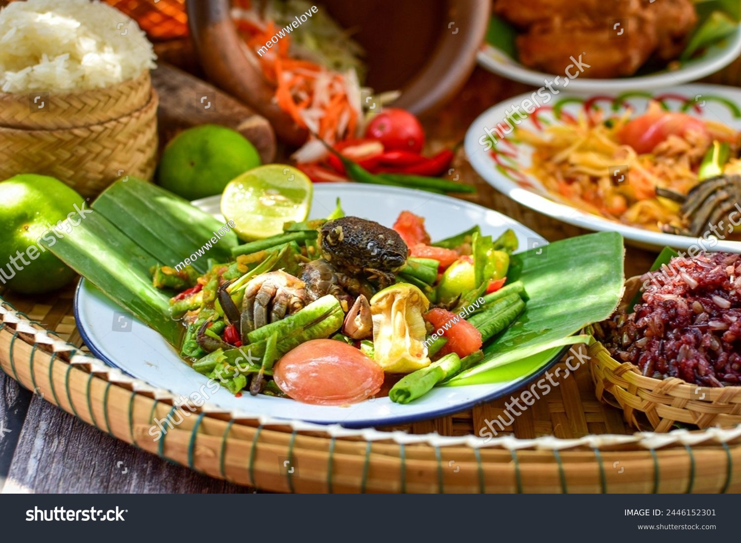 Sticky rice, papaya salad, Som Tam , thai food, isan food,Thai isan kitchen,Long bean salad,Long bean thai spicy salad #2446152301