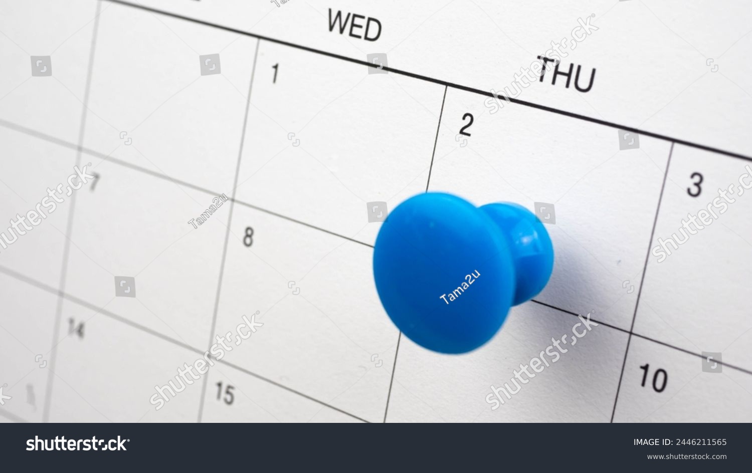 Blue color pin thumbtack a date 2nd calendar or planner. 
Final Day takes place deadline Thursday 2 day.   (selective focus) #2446211565