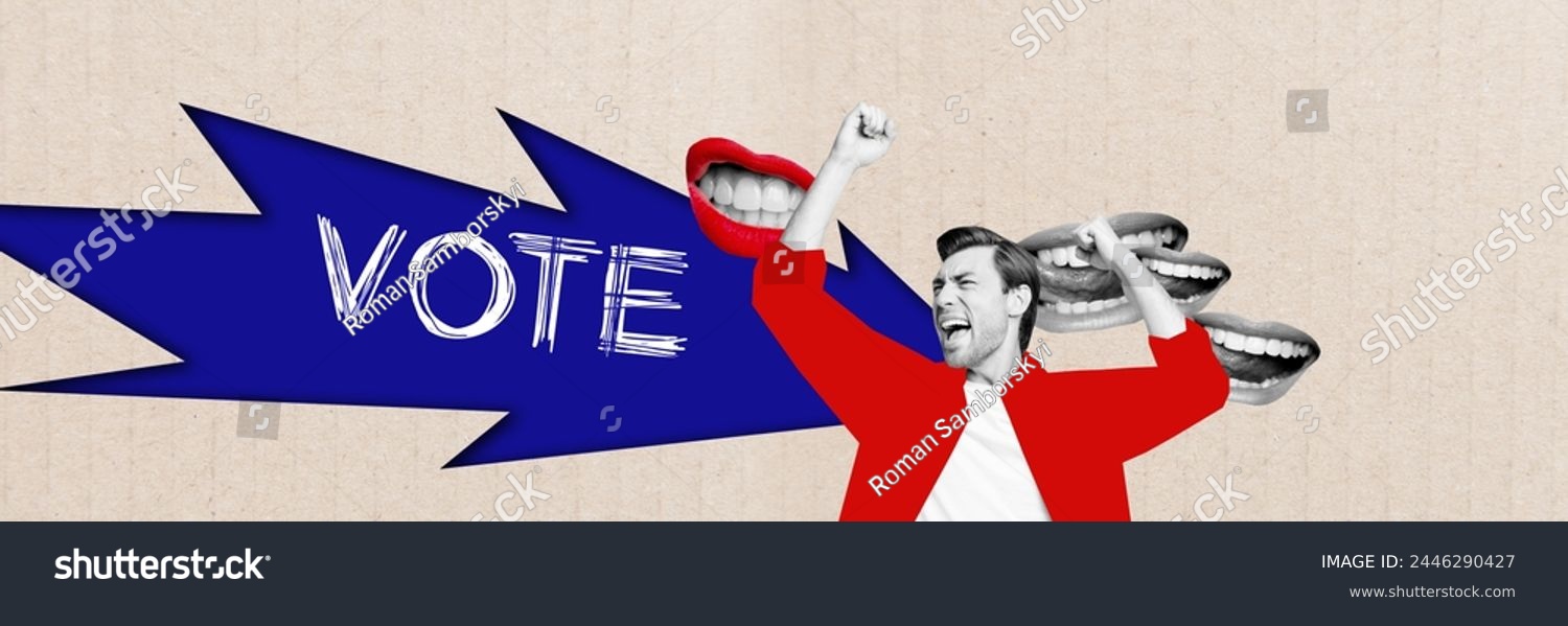 Panoramic creative collage picture happy cheerful man celebrate victory election voters mouths psychedelic caricature referendum #2446290427