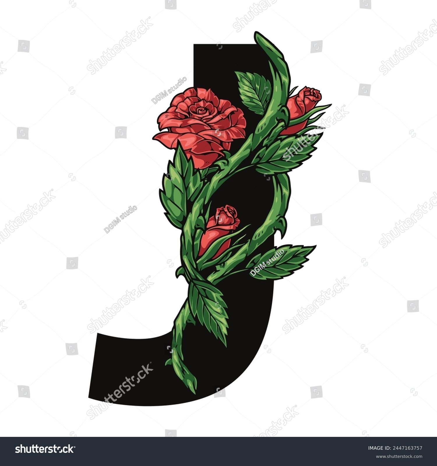 Floral letter J element colorful with beauty rose entwining latin alphabet symbol for floristry magazine design vector illustration #2447163757