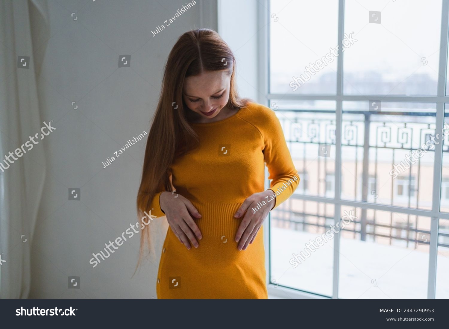 Pregnancy motherhood people expectation future. Pregnant woman with big belly standing near window at home. Girl hugging her tummy enjoying pregnancy. Maternity tenderness parenthood new life concept #2447290953