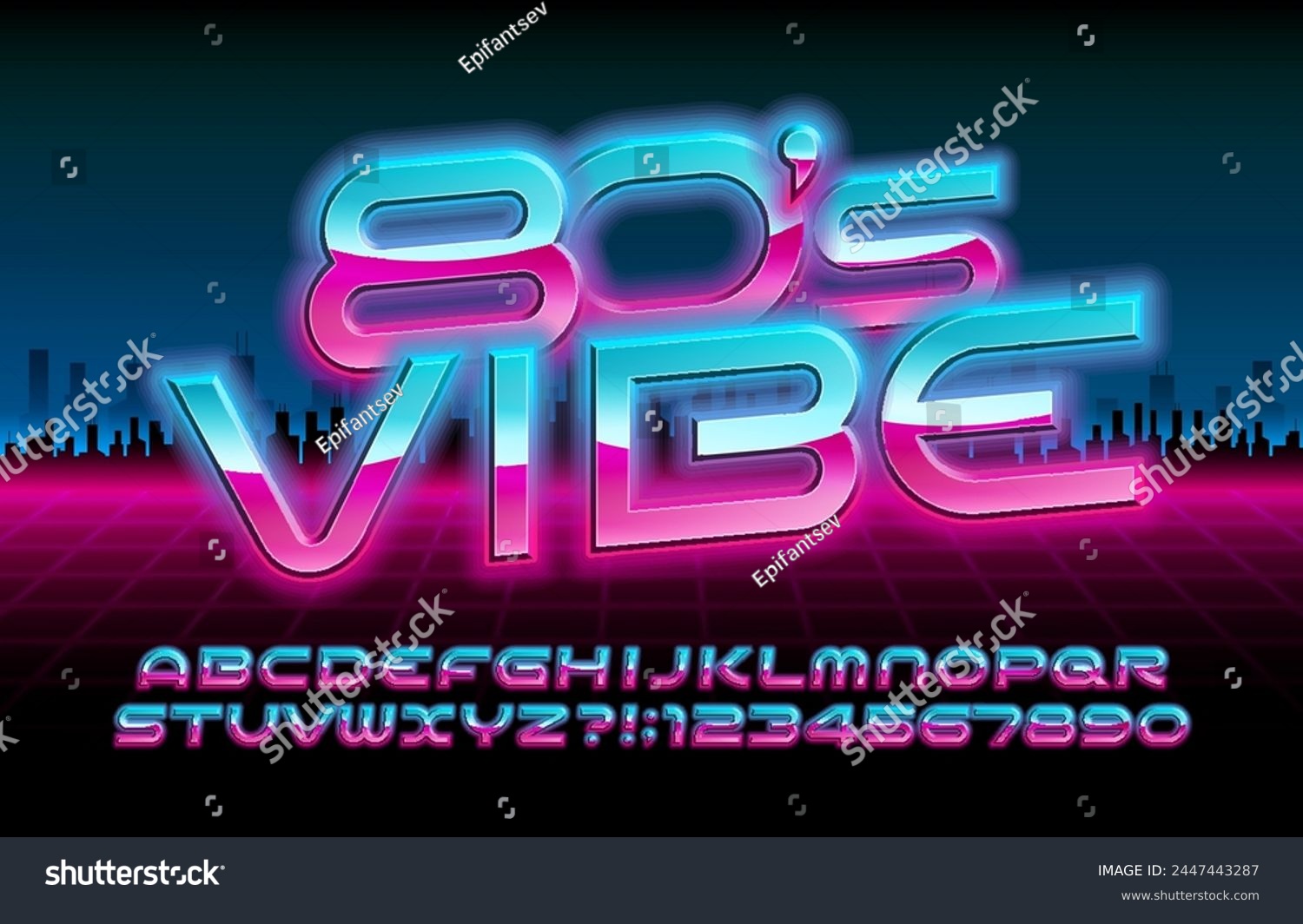 Back to the 80s alphabet font. 80s style bright neon letters and numbers. Stock vector typescript for your design. #2447443287
