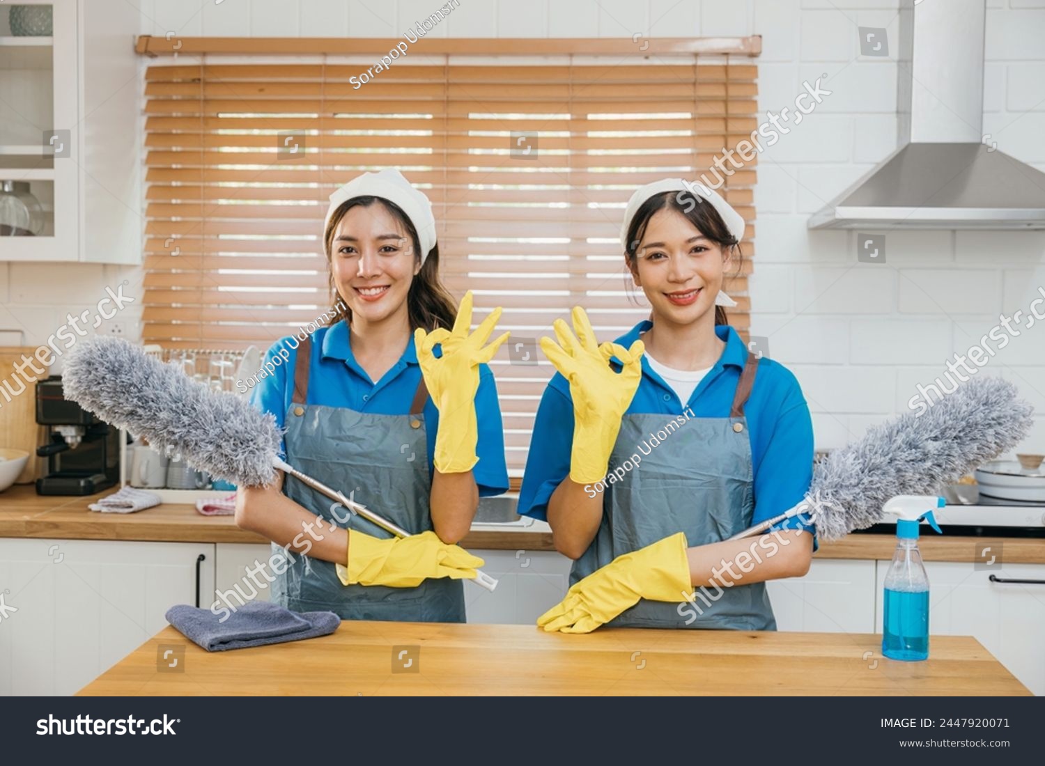 Two Asian young cleaning service women on kitchen counter with duster foggy spray and rag showcase efficient housework teamwork. Clean portrait two uniform maid working smiling employee. #2447920071