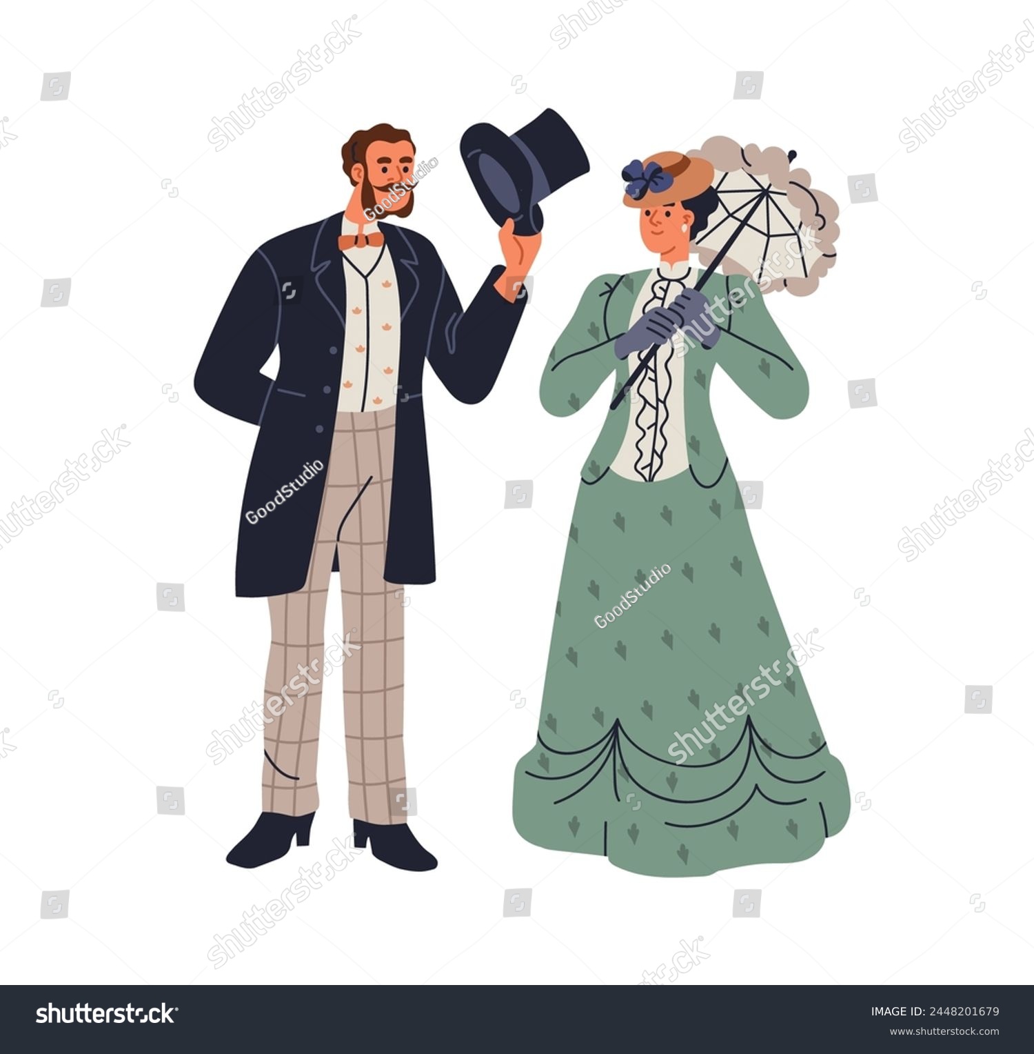 Gentleman and lady dressed in 18th and 19th century clothes. Aristocrats, noble people in historic victorian era. Nobleman greeting noblewoman. Flat vector illustration isolated on white background #2448201679